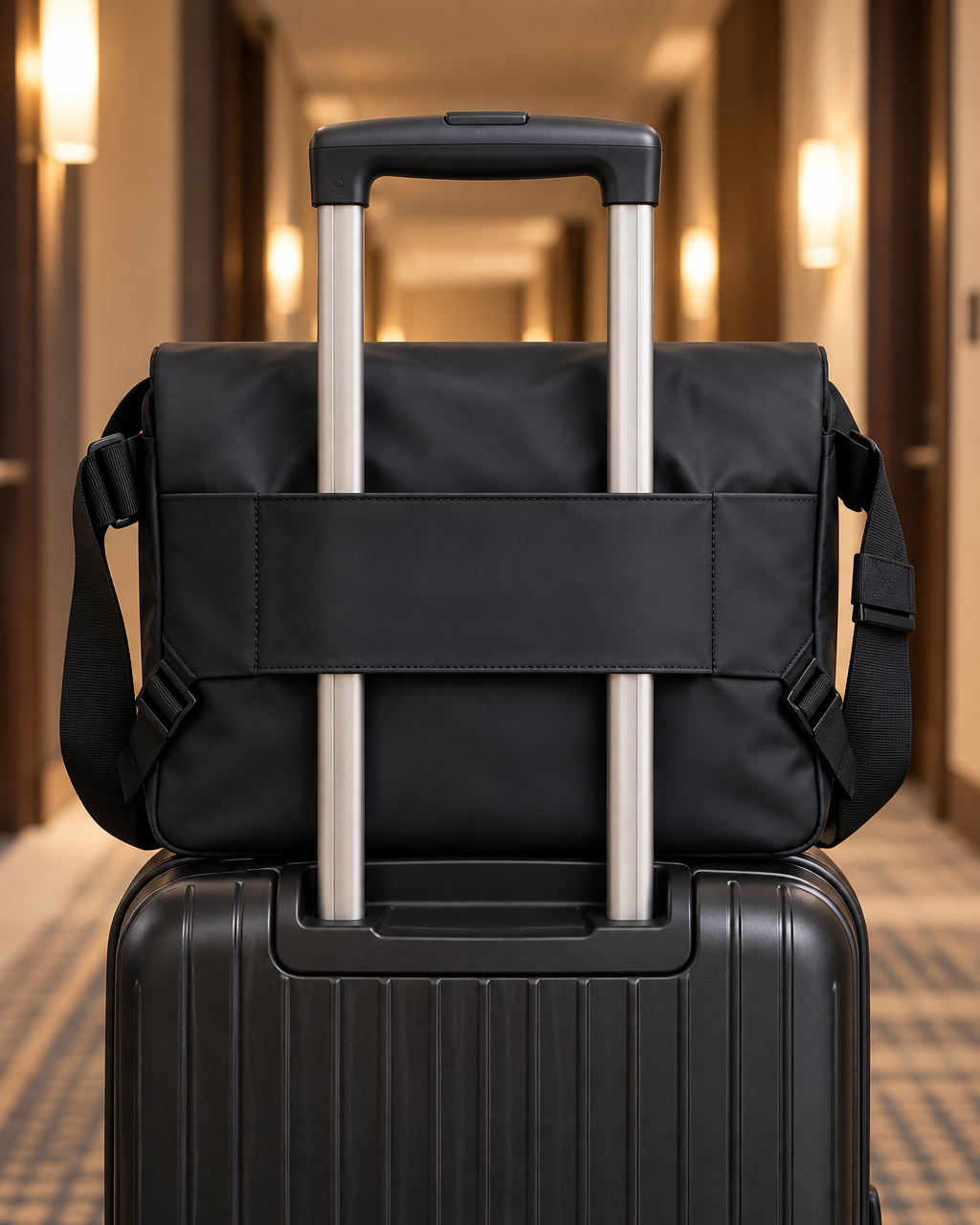 Black slim laptop brief resting upright against a rolling suitcase in a quiet hotel corridor