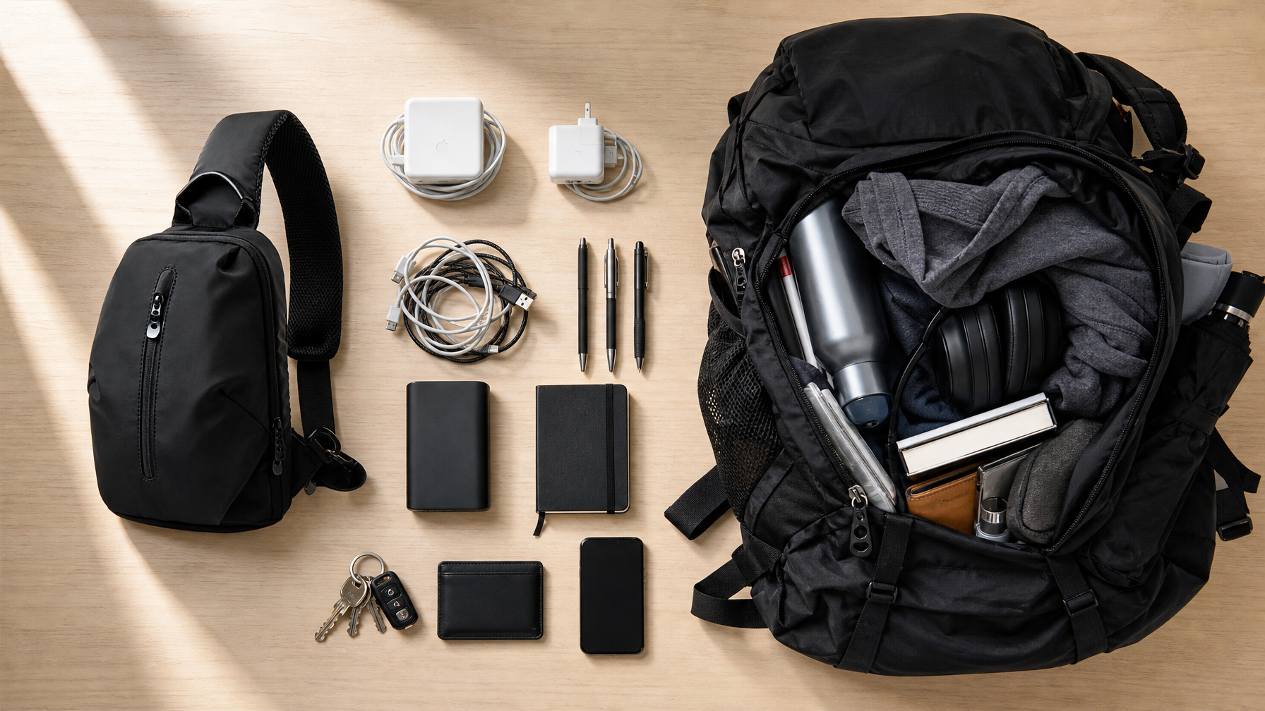 Overhead flat lay showing compact black sling bag next to overstuffed backpack with excess items including duplicate chargers, tangled cables, and extra pens laid out between them