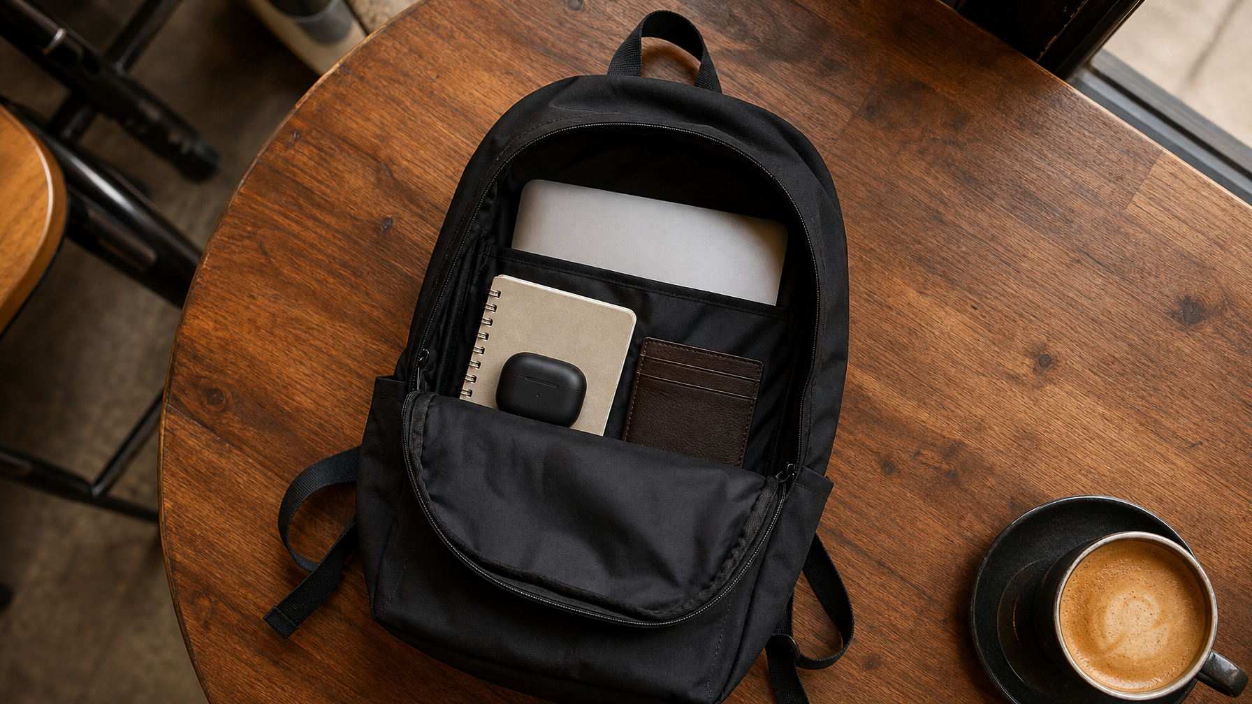 Overhead flatlay of an open slim dark backpack on a café wooden table showing organized interior with laptop, notebook, earbuds case, and card wallet