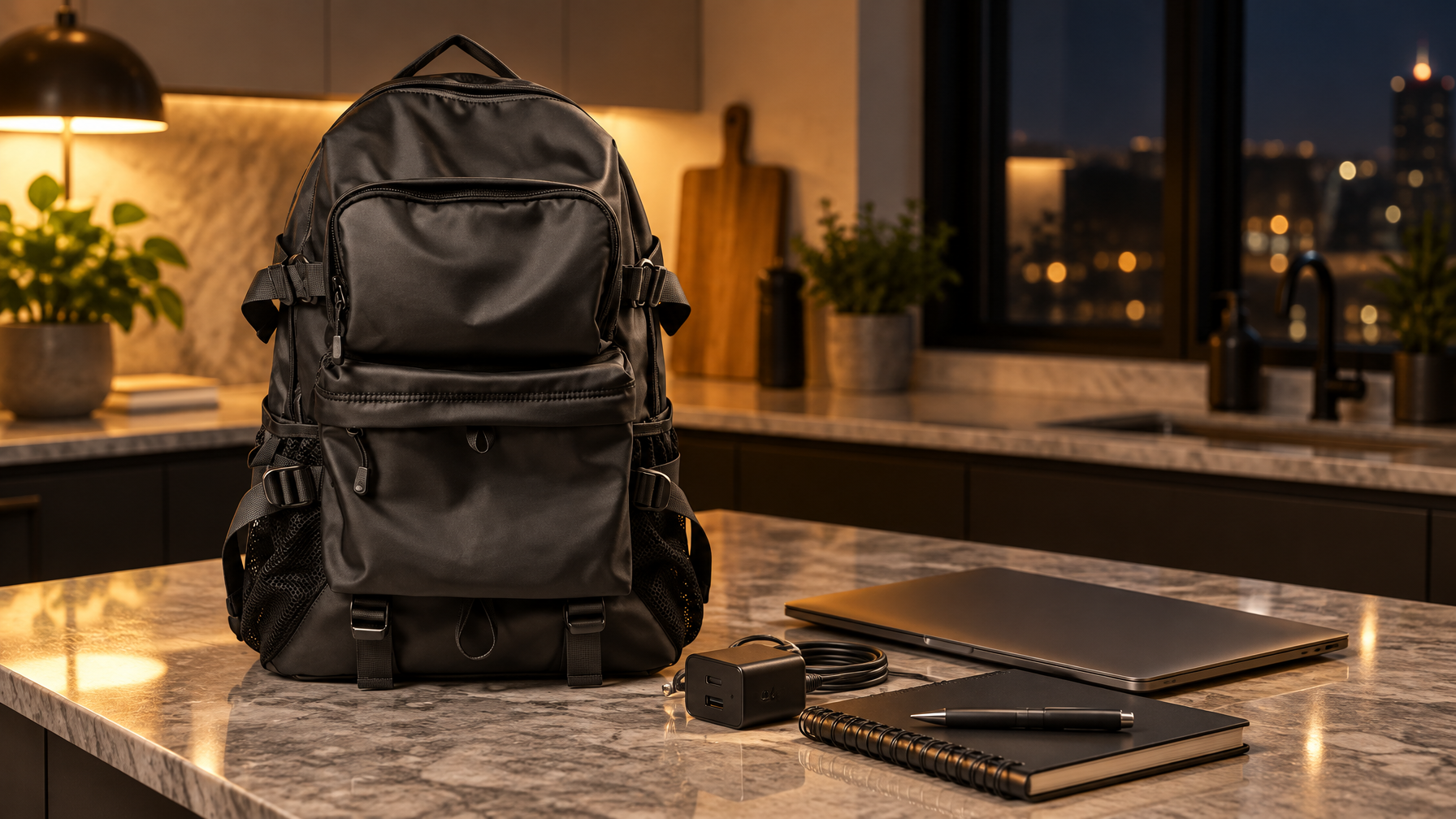 Black laptop backpack on a kitchen counter with a closed laptop, charger, and notebook staged beside it