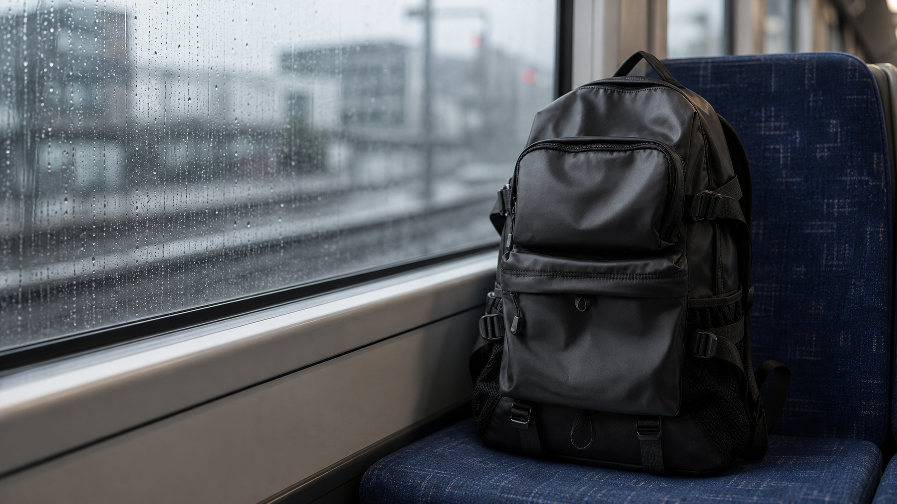 Black laptop backpack on a train seat beside a rain-streaked window
