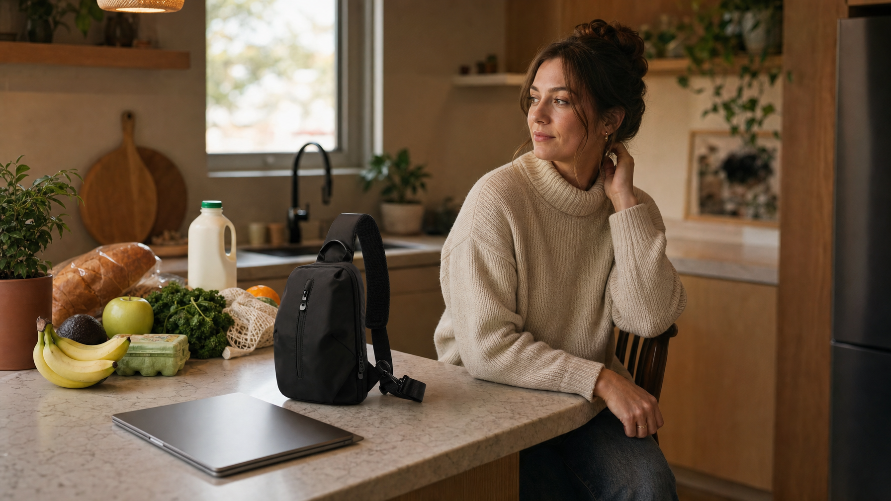Woman at a kitchen counter after errands with a closed black sling and a closed laptop beside groceries already unloaded