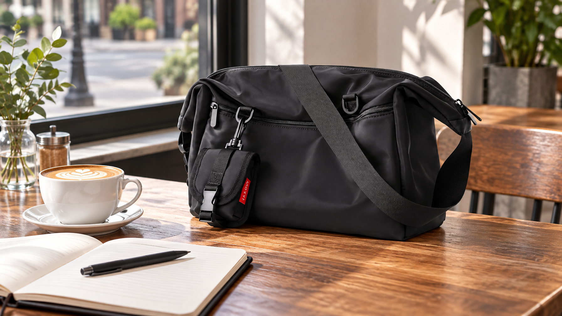 Black top-zip messenger with detachable front pouch on a cafe table beside a notebook and coffee