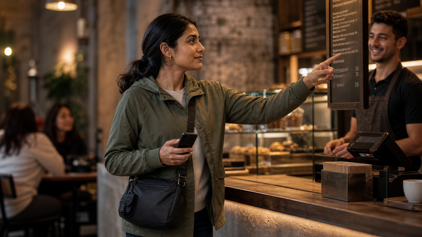 South Asian woman confidently retrieving her phone from crossbody bag in one motion at a café counter without looking — zero friction everyday carry