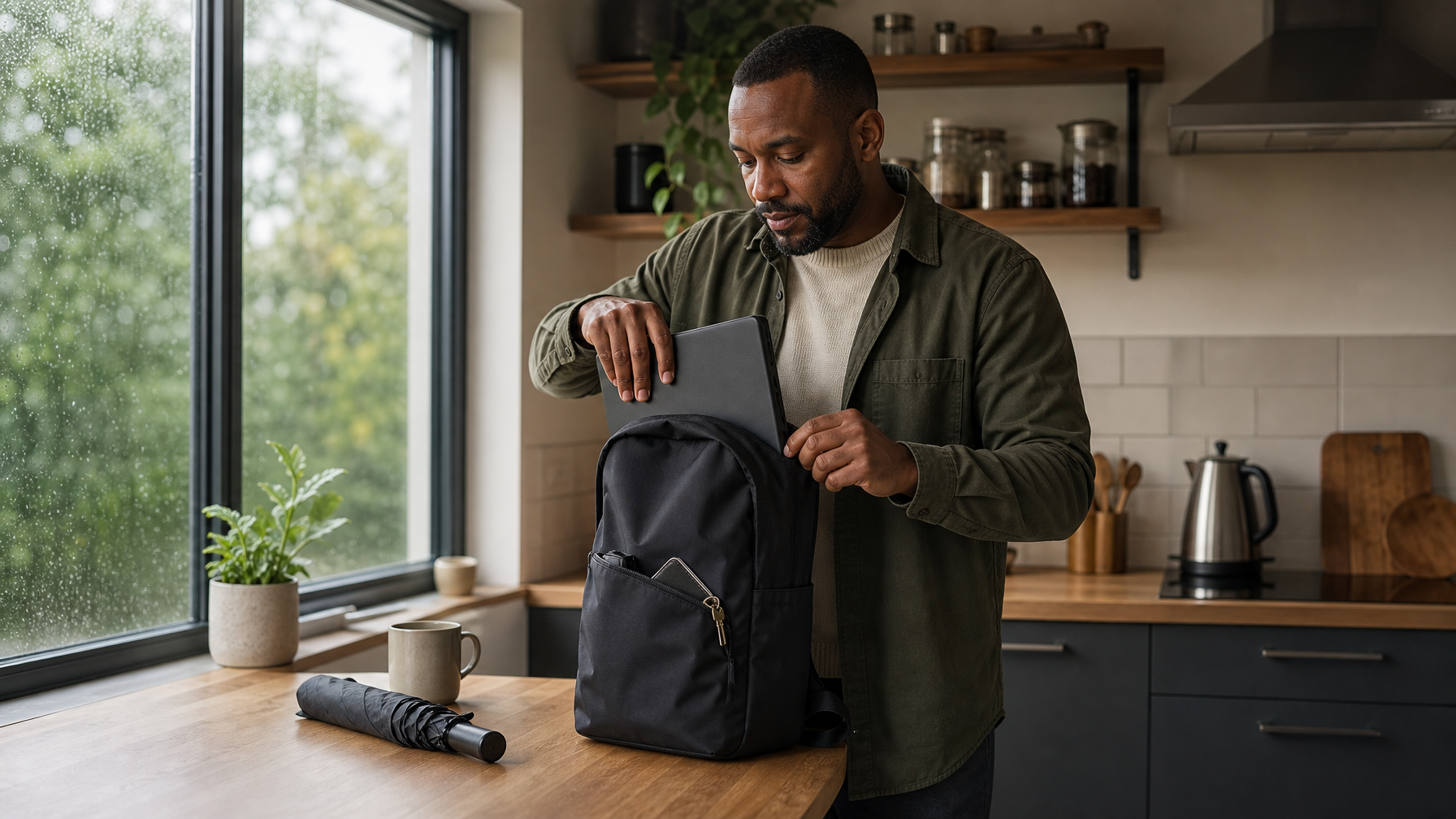 Person packing a slim black backpack at a kitchen counter on a rainy morning with an umbrella still on the counter