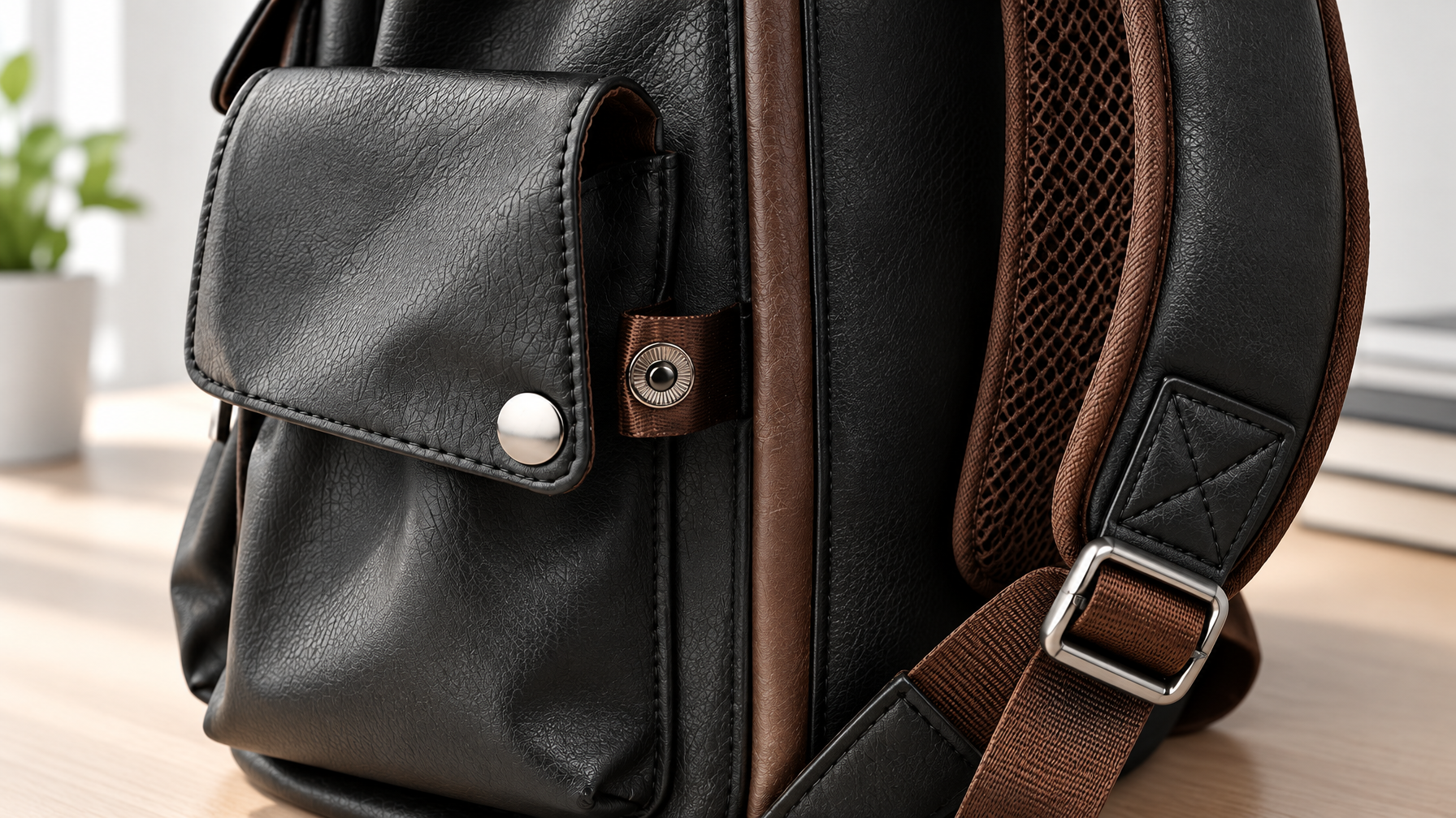 Close detail of black PVC backpack side flap pocket and padded shoulder strap
