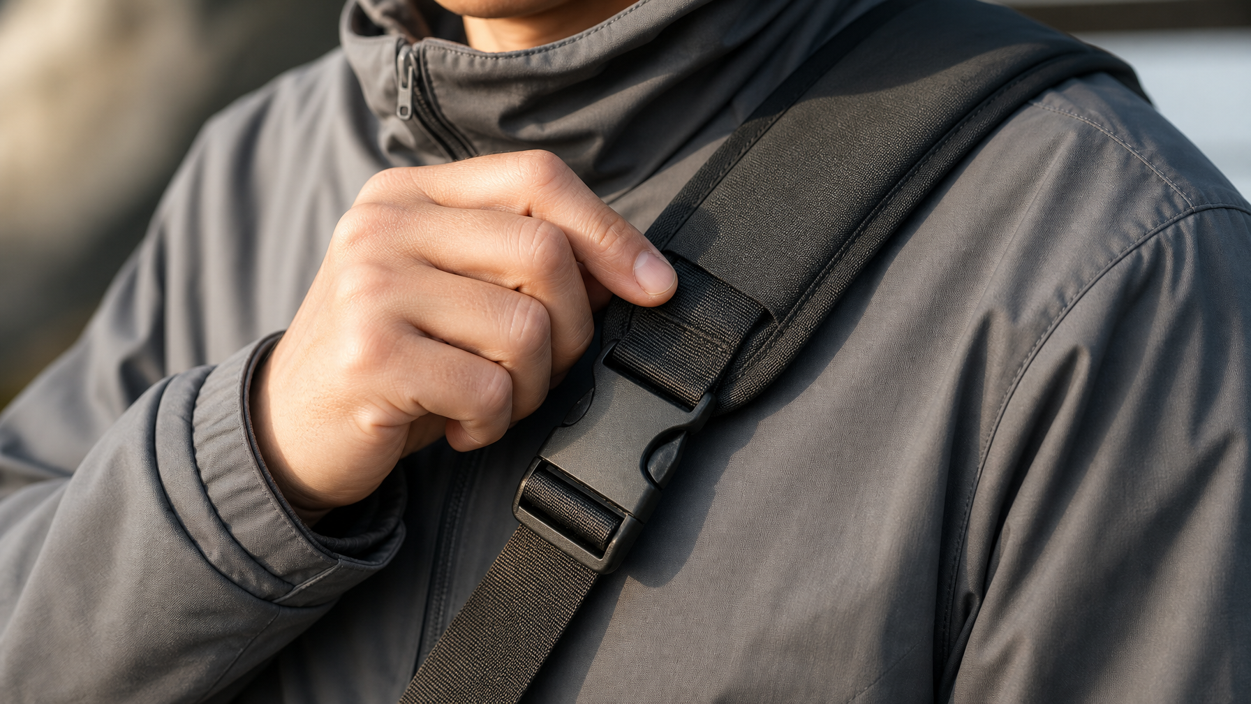 Close-up of a sling bag strap being adjusted at the shoulder, padded strap and quick-release buckle visible