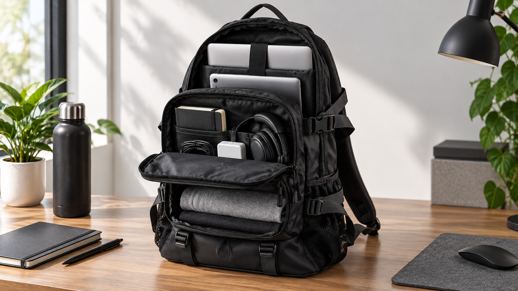 Open black Apex Backpack on a desk with larger laptop, tablet, notebook, power brick, and headphones