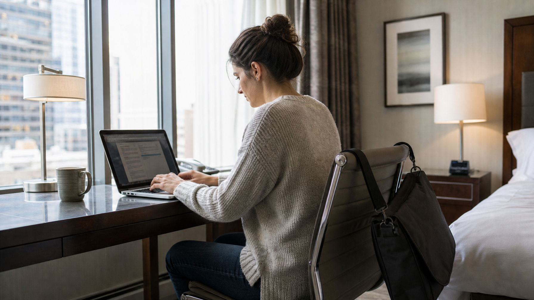 Woman working at a hotel desk beside large windows, laptop open, dark structured messenger bag hanging from the chair — natural daylight, relaxed focus