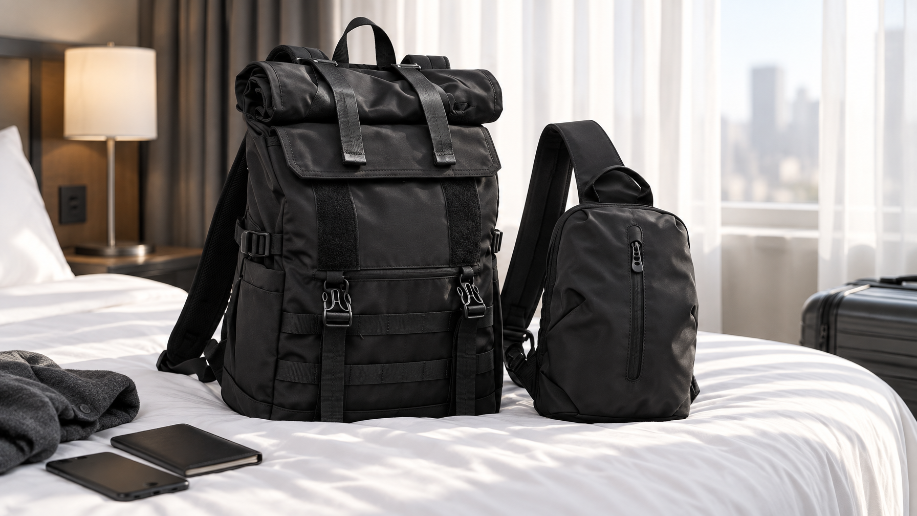 Closed black expandable backpack and compact day bag on a hotel bed ready for morning checkout