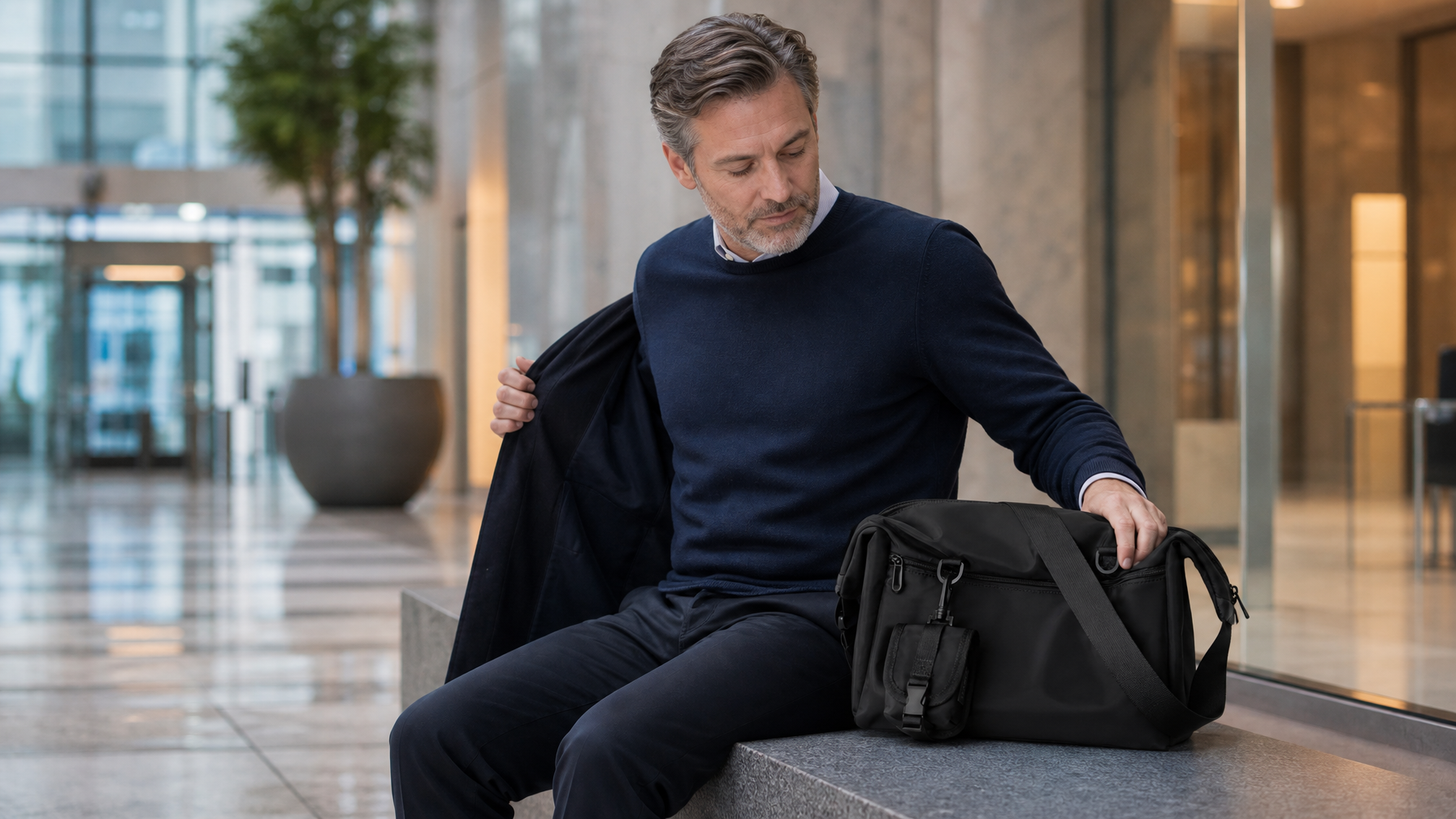 Professional arriving in an office lobby after a transit commute with a closed black messenger bag