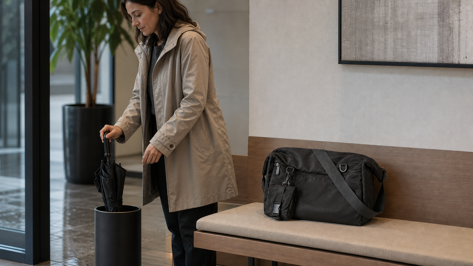 Office lobby arrival with a dripping compact umbrella parked in a stand and a black messenger bag set on a dry bench