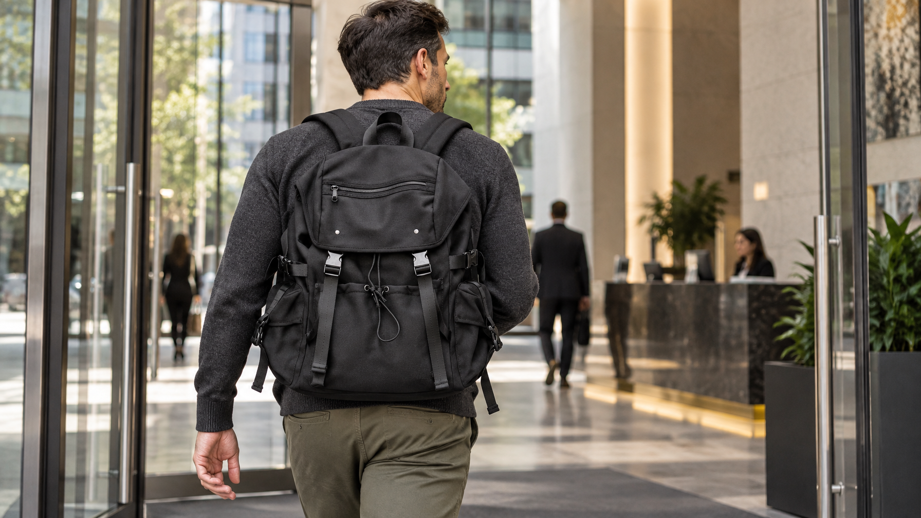 Man walking into a downtown office lobby wearing an organized 26L Oxford backpack on both shoulders
