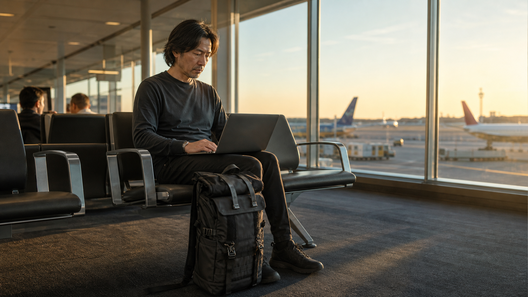 East Asian male traveler mid-40s seated at airport gate with matte black structured backpack on the floor between his feet, laptop open, calm focused expression, runway visible through terminal windows