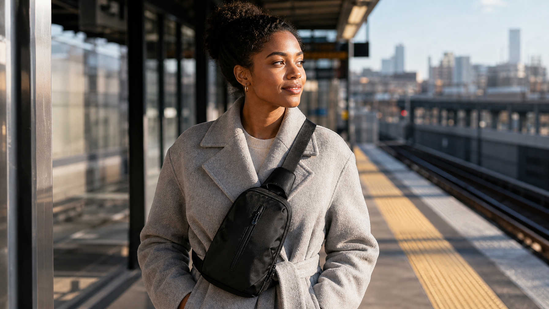 Woman in a gray coat on a sunlit train platform with a compact black crossbody bag, city skyline soft in the background