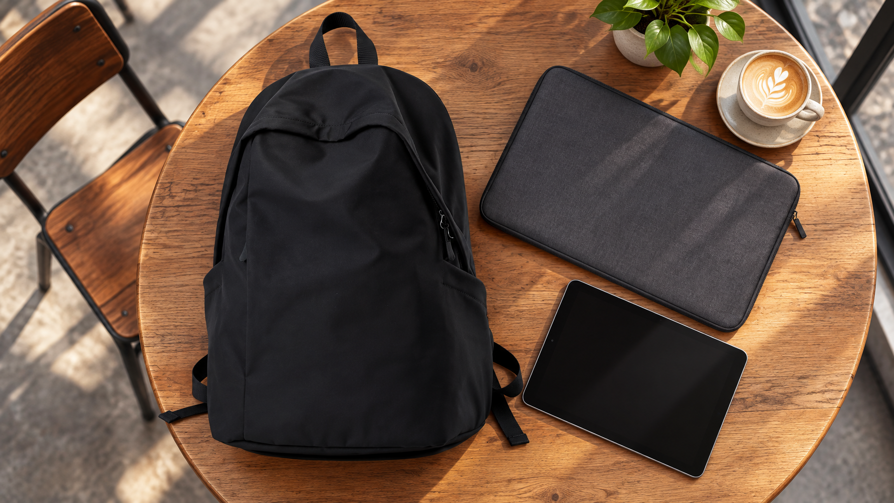 Closed black lightweight backpack on a cafe table beside a laptop and tablet