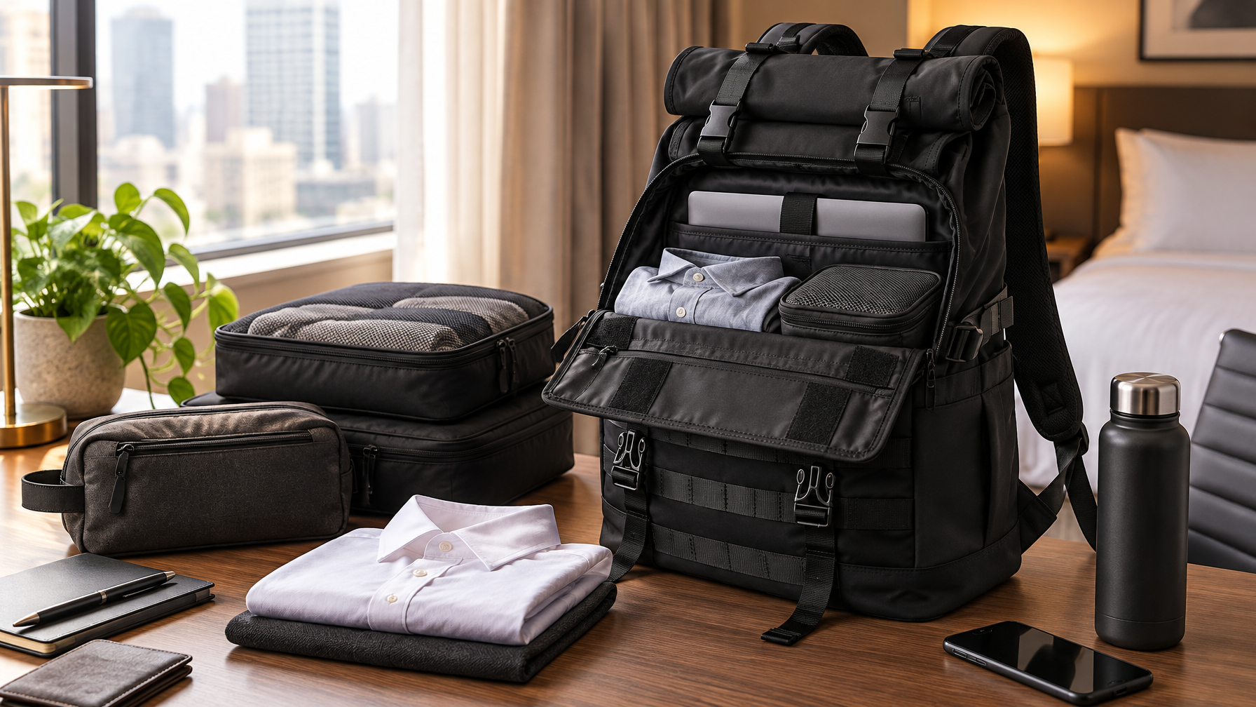 Open black expandable roll-top backpack on a hotel desk mid-pack with folded shirt, toiletry pouch, and packing cubes
