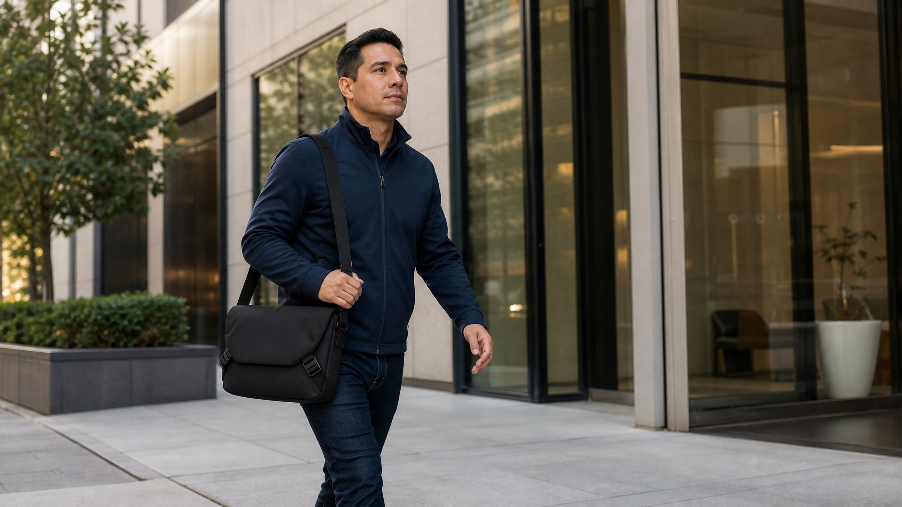 Man in navy softshell walking past a glass office lobby with a slim black laptop brief on his shoulder