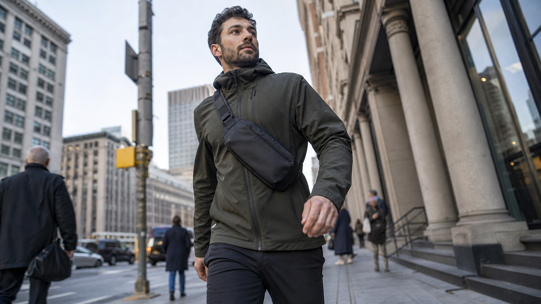 Man mid-stride on a city sidewalk wearing a compact sling bag diagonally across his chest