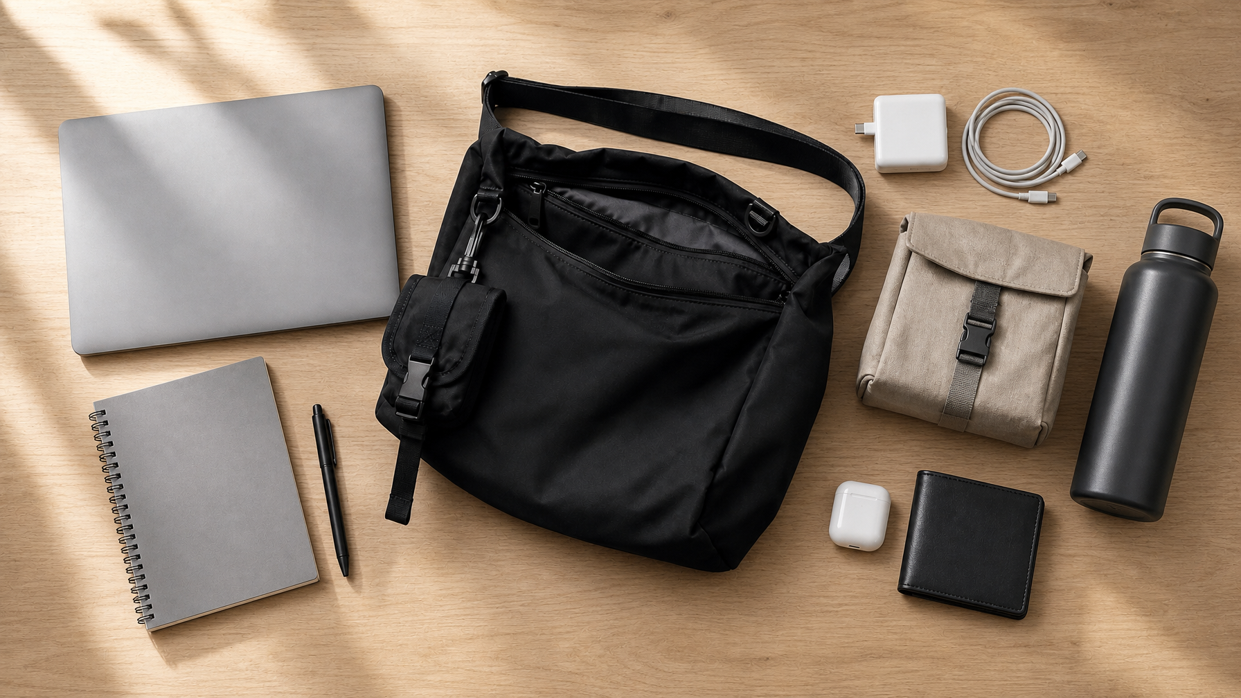 Overhead flat lay of a matte black backpack open beside its full day's contents. Laptop, notebook, charger, water bottle, lunch bag, earbuds. Organized with natural spacing