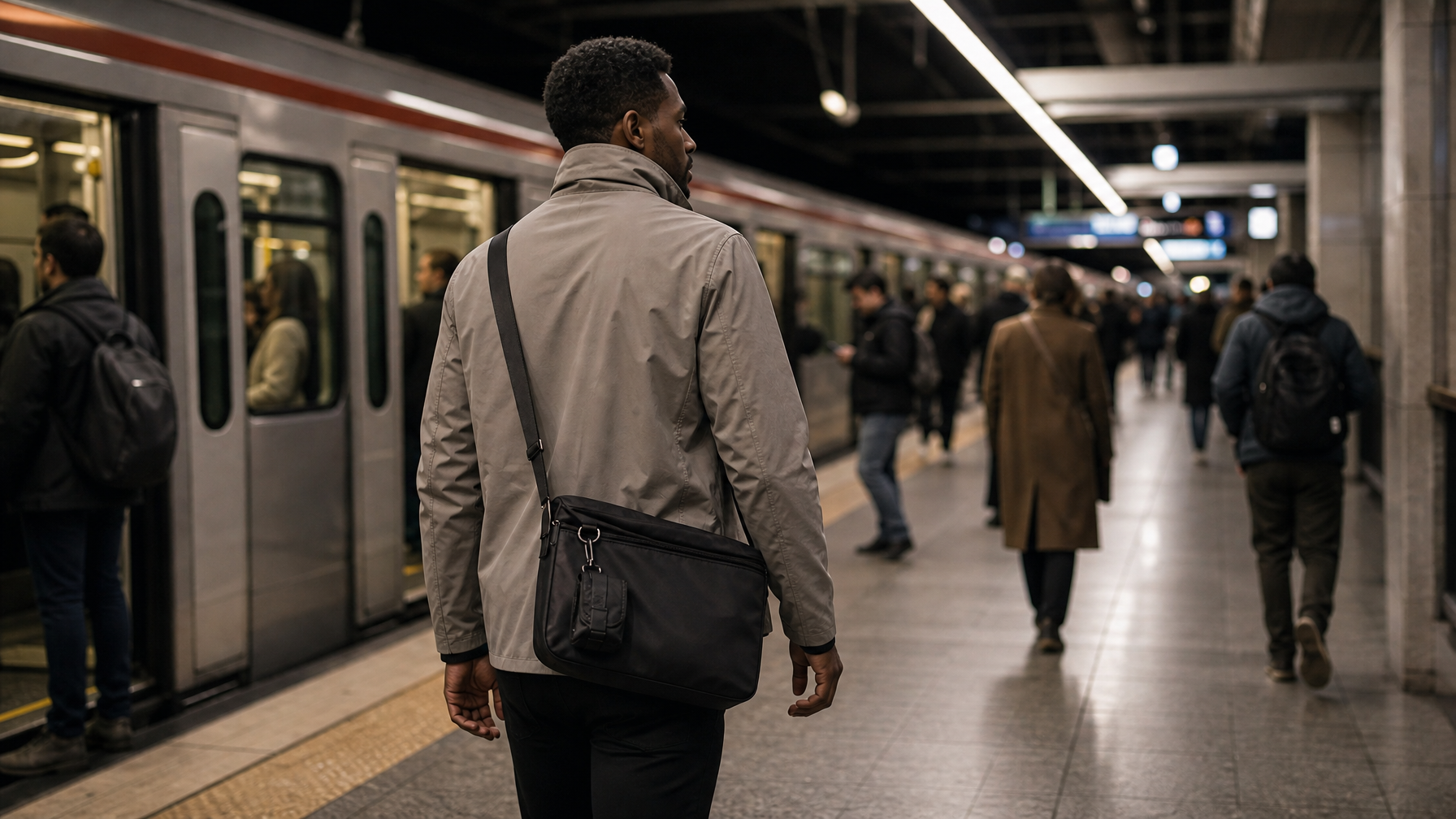 Black man in early 30s walking through a city subway platform with a matte black crossbody messenger bag at hip level, confident natural stride