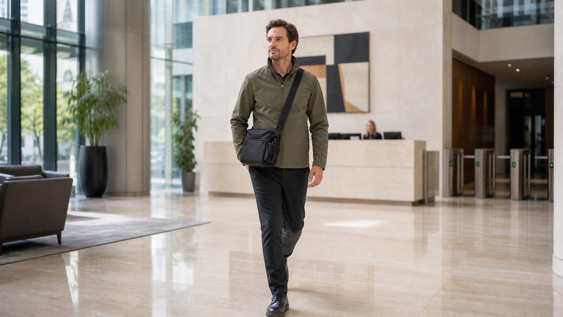 Professional arriving at a modern corporate office lobby mid-stride, compact structured crossbody messenger bag at the hip