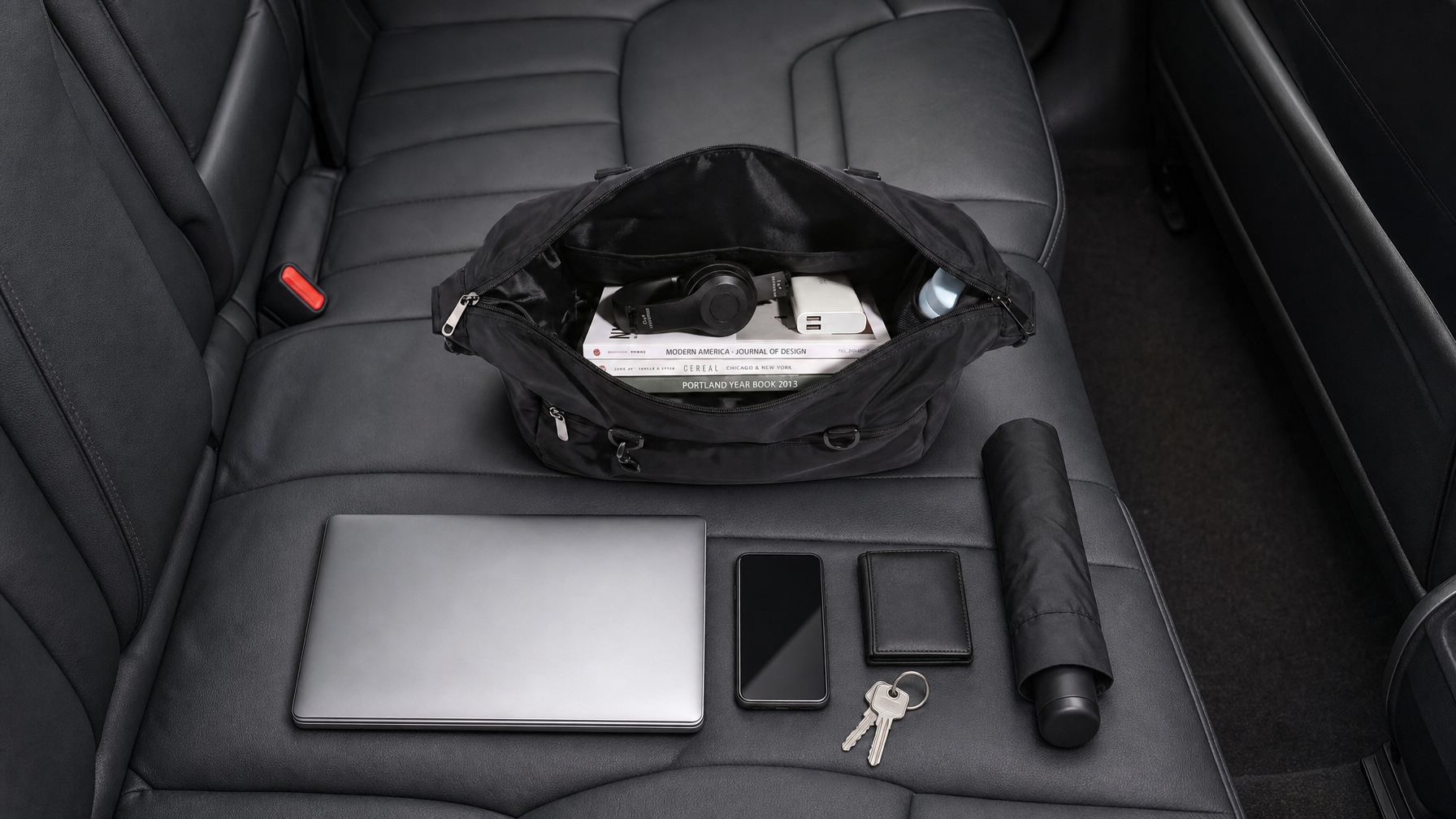 Overhead of a car back seat with a closed laptop, compact umbrella in a sleeve, phone, wallet, keys, and an open black messenger showing an unpartitioned main cavity