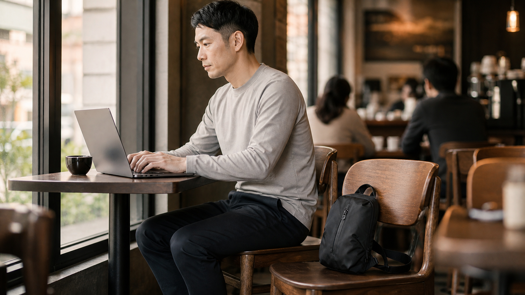 East Asian man working at café window table with laptop open, compact matte black crossbody bag resting closed on chair beside him, warm window light