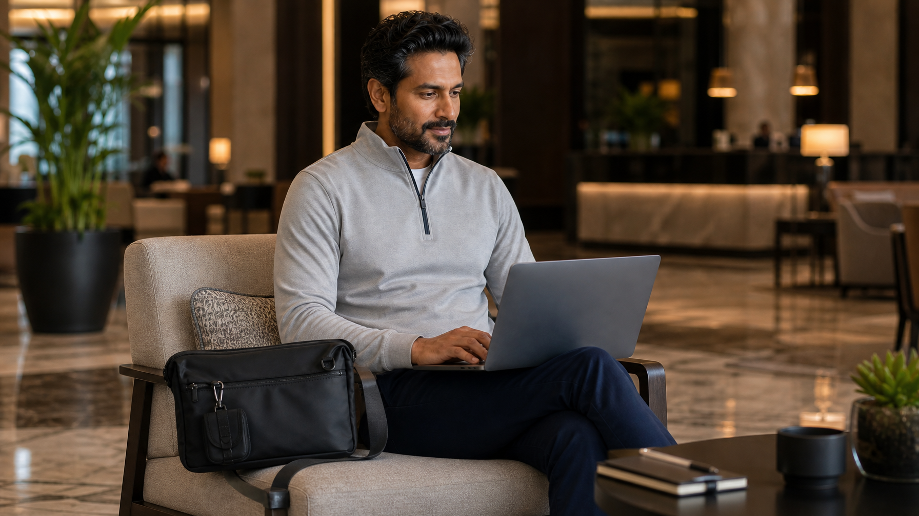 Man working in a warm hotel lobby lounge with a laptop open, messenger bag resting closed on the cushion beside him