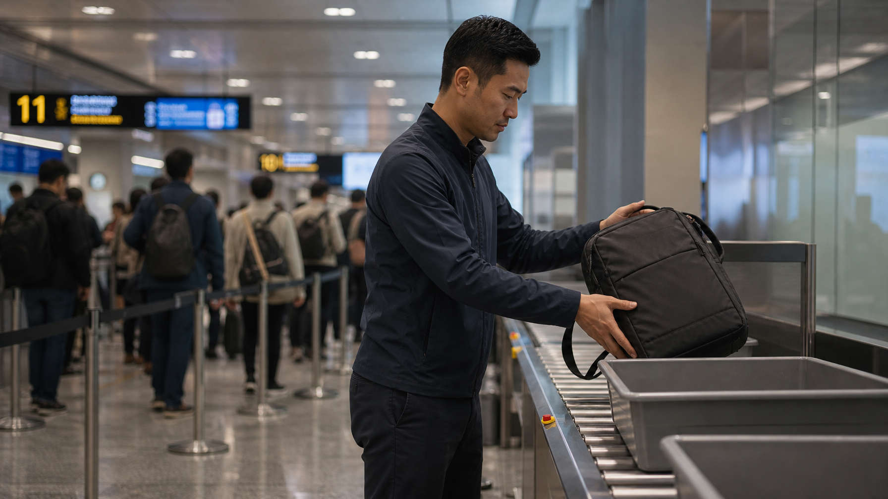 East Asian man lifting a compact matte black backpack onto an airport security conveyor belt — carry-on sized, confident motion, terminal environment