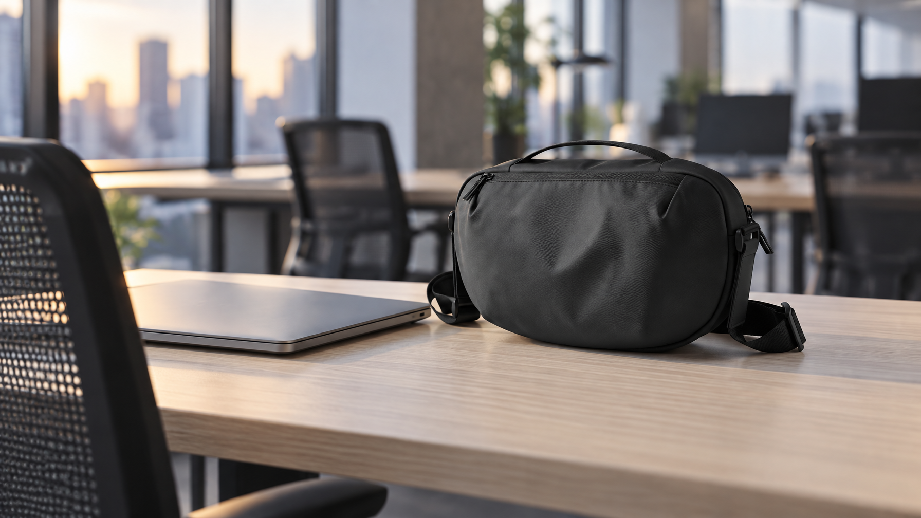 Empty shared hot desk at end of day with closed laptop and compact black crossbody bag ready to leave