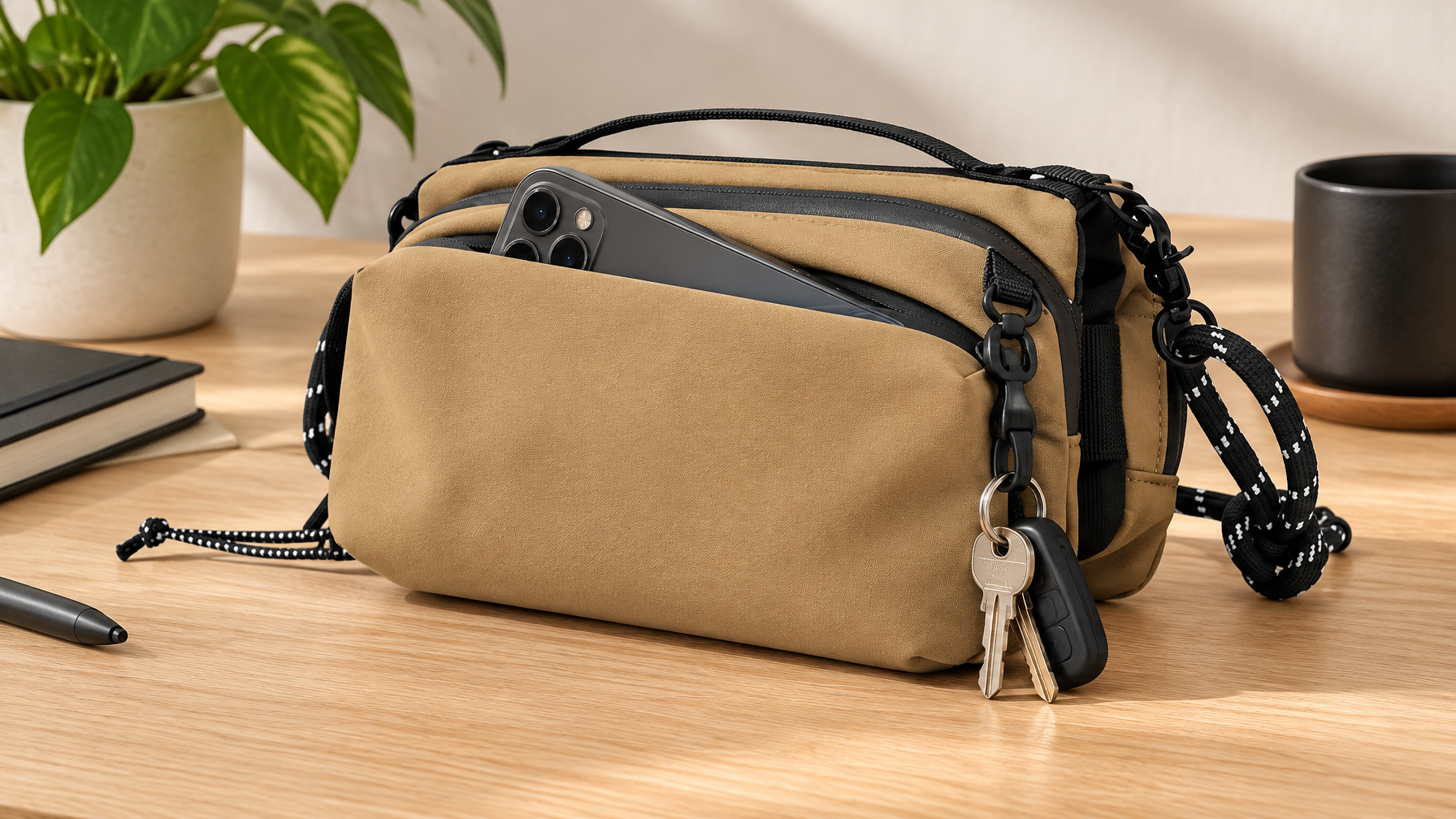Phone sliding into the exterior slip pocket of a compact crossbody with keys on a clip