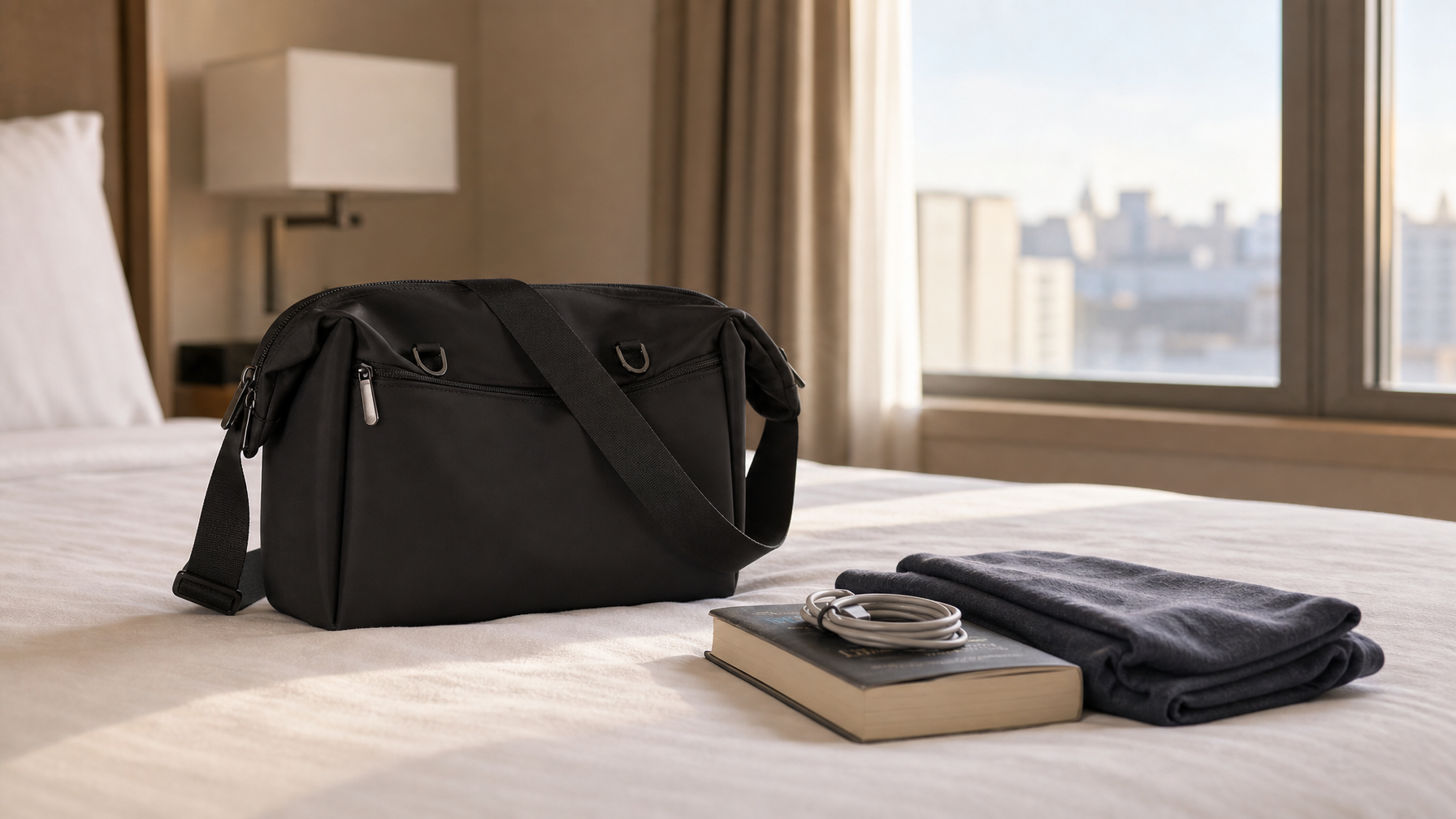 A compact dark crossbody bag, packed and closed on a hotel bed, beside a small pile of items that never earned their place — a paperback, an extra cable, a folded item of clothing.