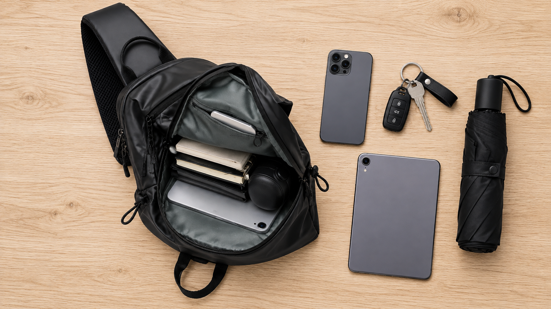 Overhead flat lay of a black organized sling with phone, keys, compact umbrella, and closed tablet on light wood
