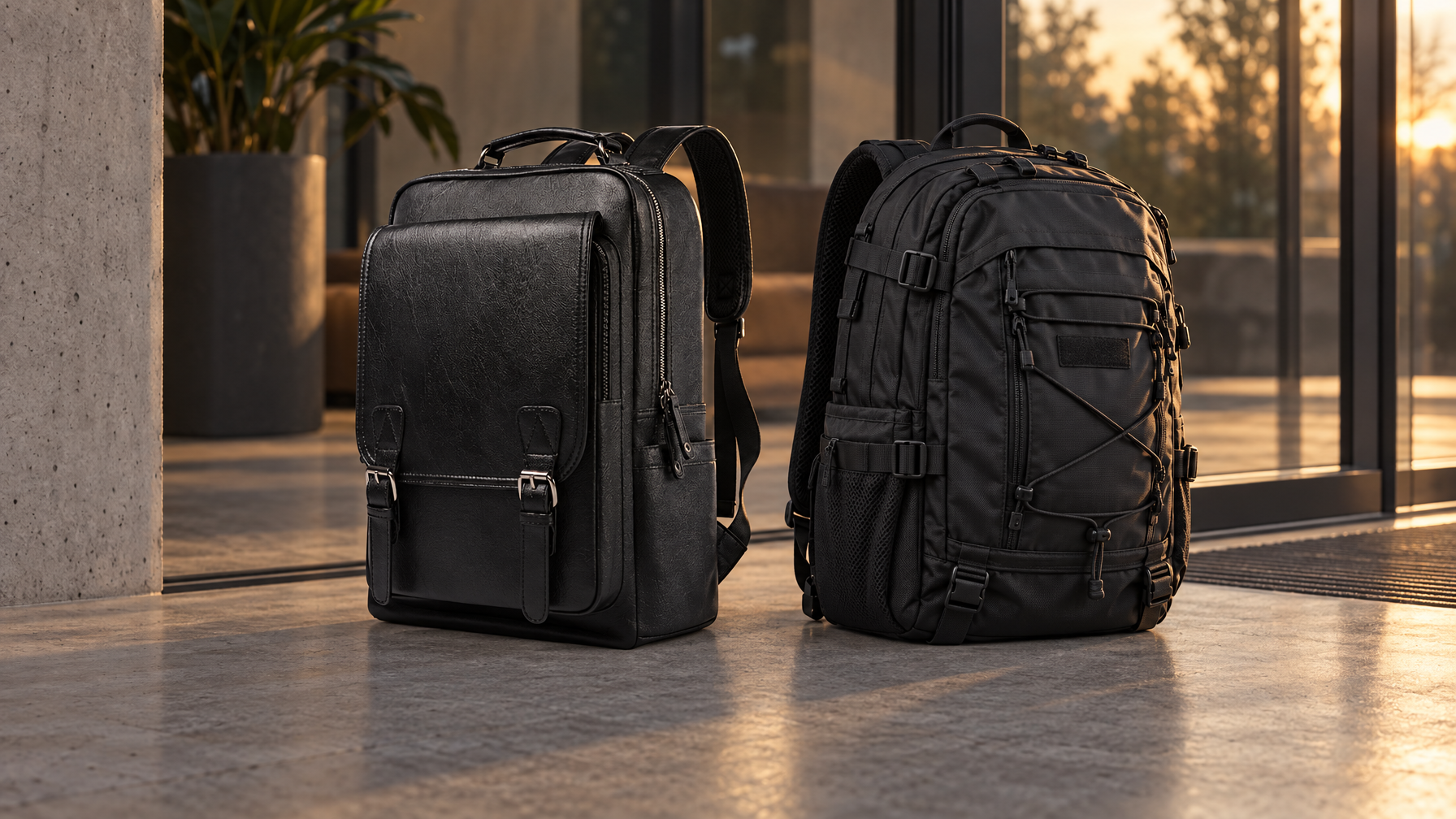 Soft structured everyday backpack standing next to a technical nylon backpack near a glass door