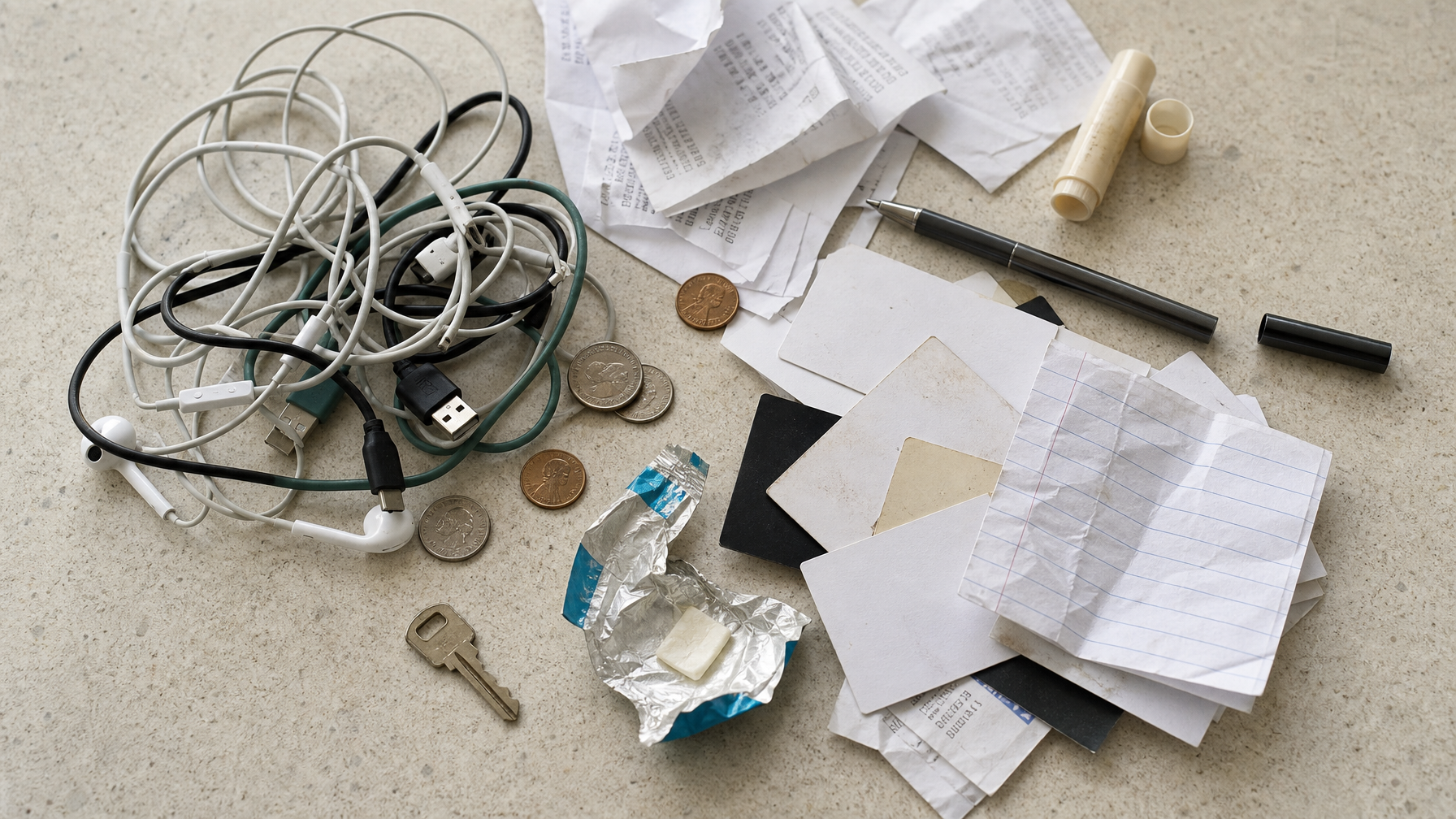 Chaotic bag dump on kitchen counter showing tangled cables, loose coins, crumpled receipts and random items — the disorganized bag problem