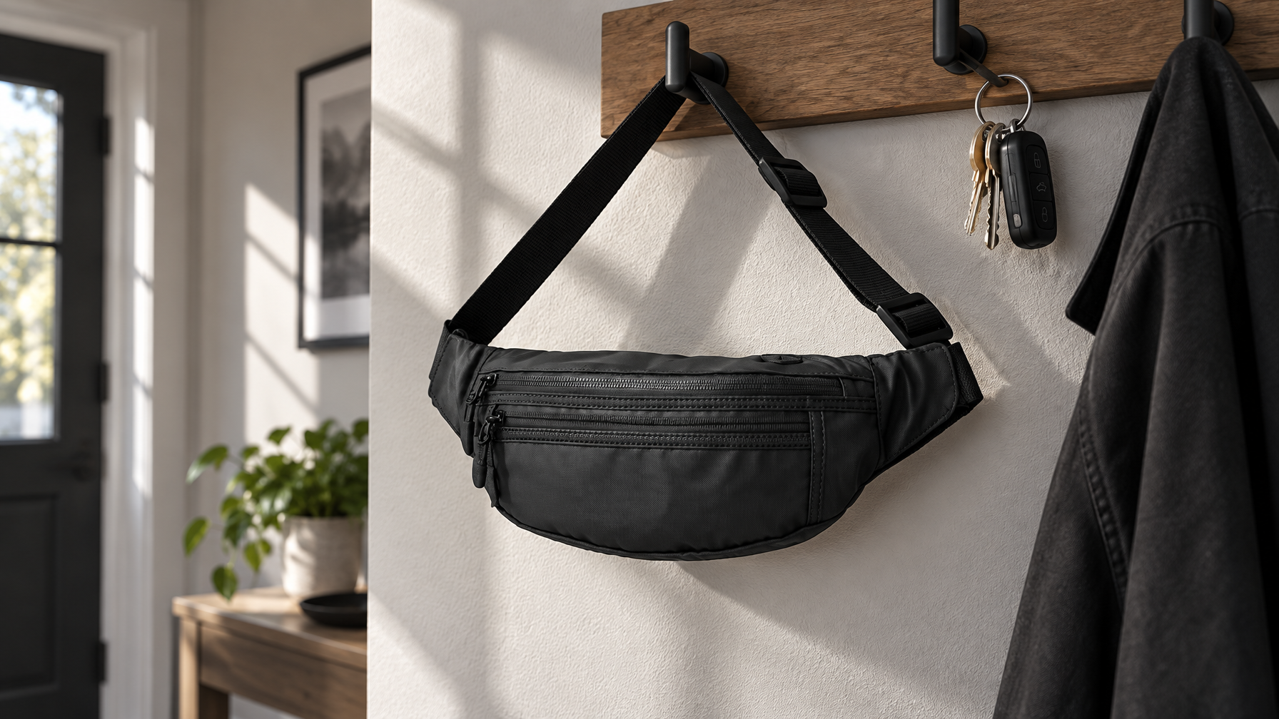 Black waist pack hanging on a hallway coat hook by its strap with keys nearby