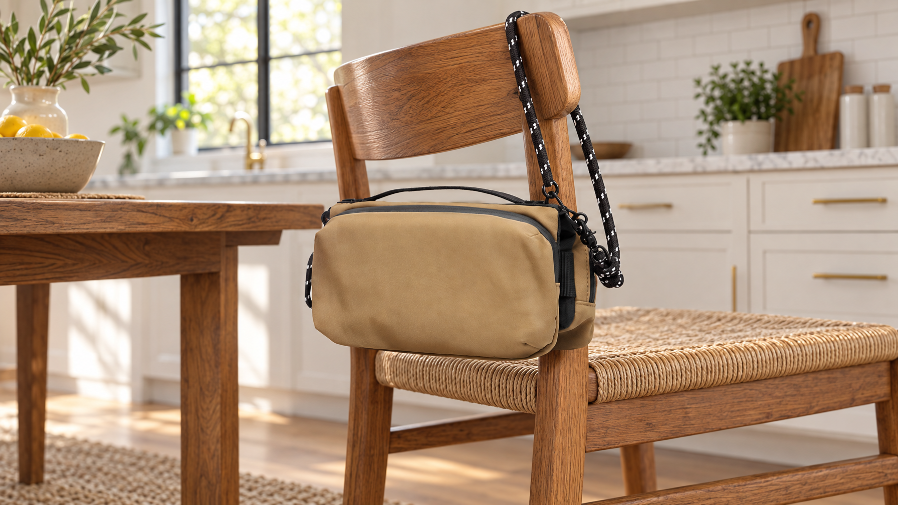 Compact organized everyday crossbody hanging on a wooden chair in a bright kitchen