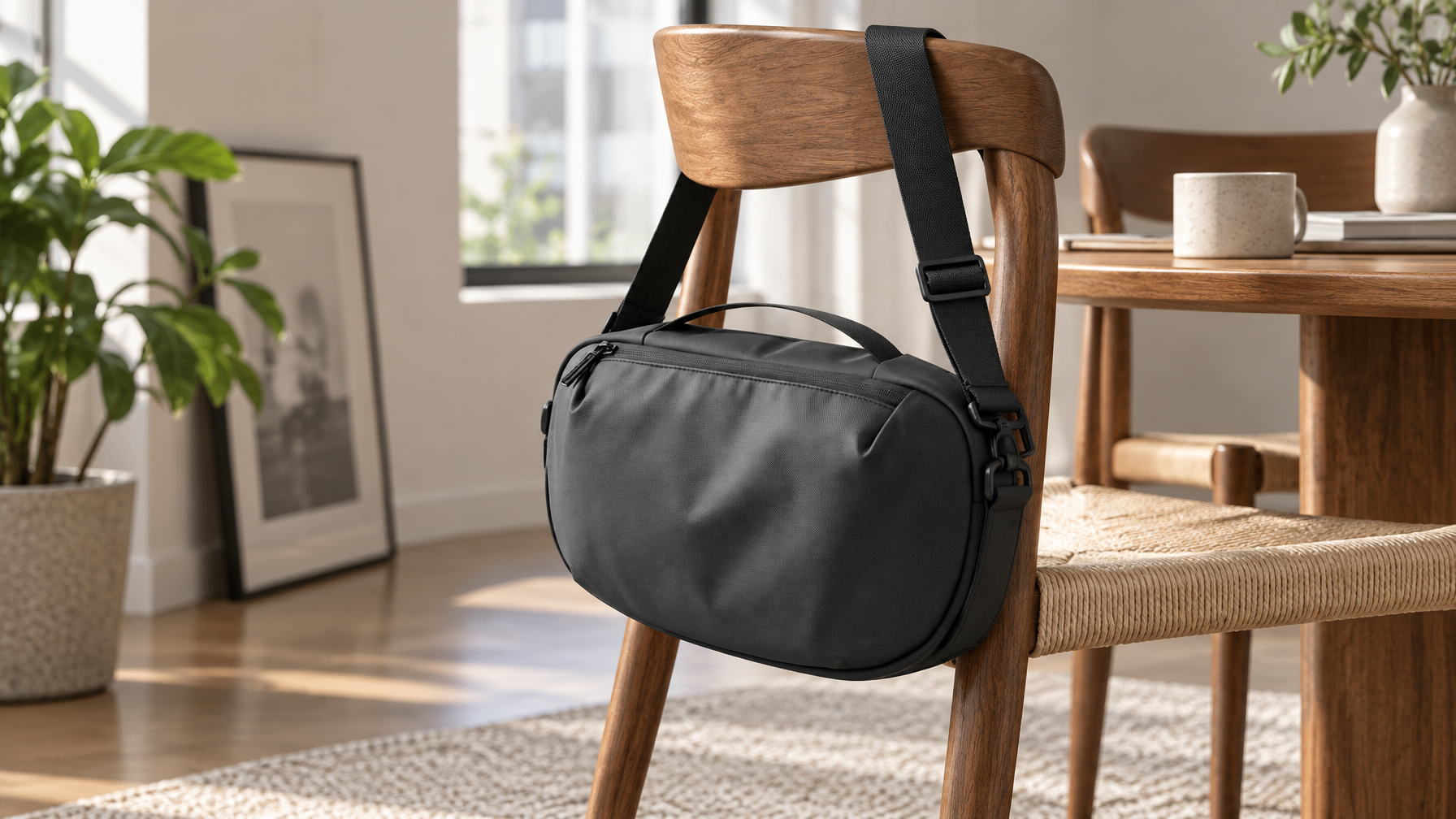 Black compact travel crossbody hanging on a wooden chair by a single adjustable strap