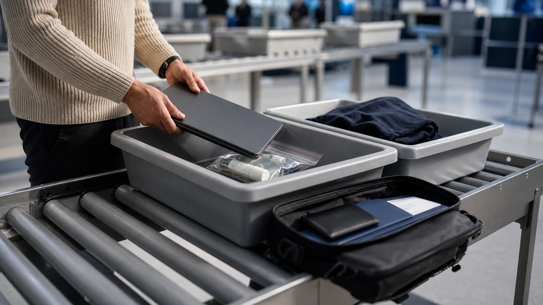 Airport security bins with laptop liquids and an open unbranded sling bag