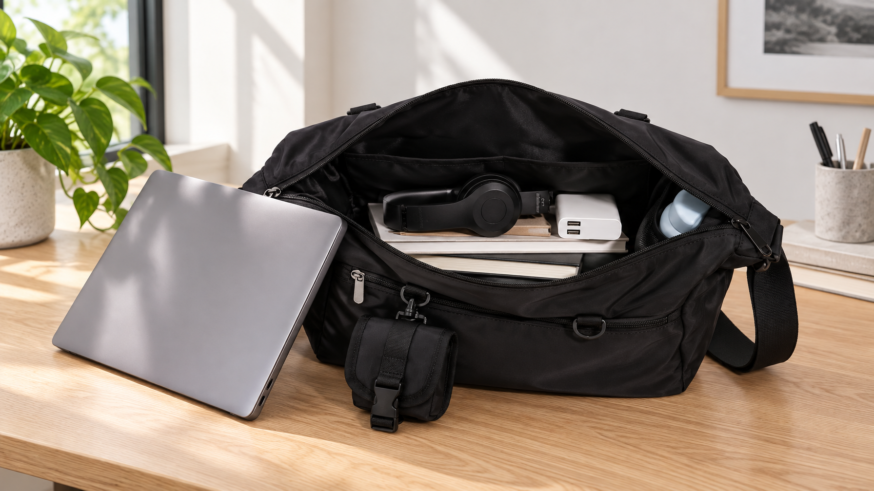 Open black 14-inch messenger with a closed 14-inch laptop beside the unpartitioned main well on a light oak desk