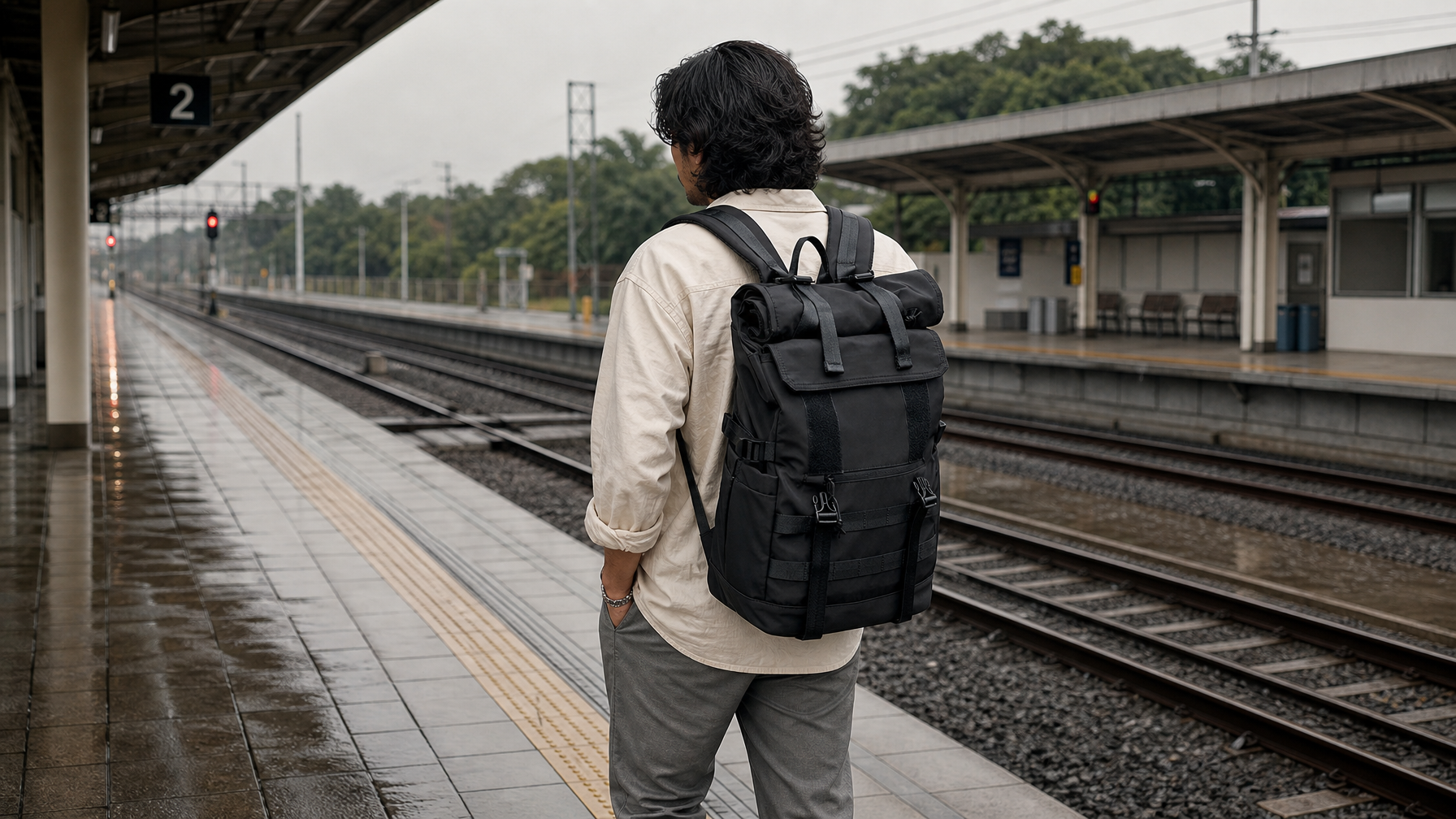 Traveler walking a quiet station platform with a closed black expandable backpack worn on both shoulders