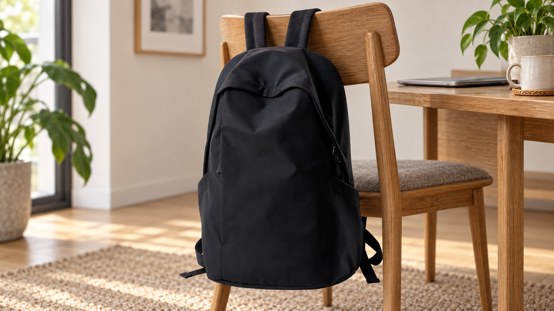 Black everyday laptop backpack hanging on a wooden chair by both padded shoulder straps