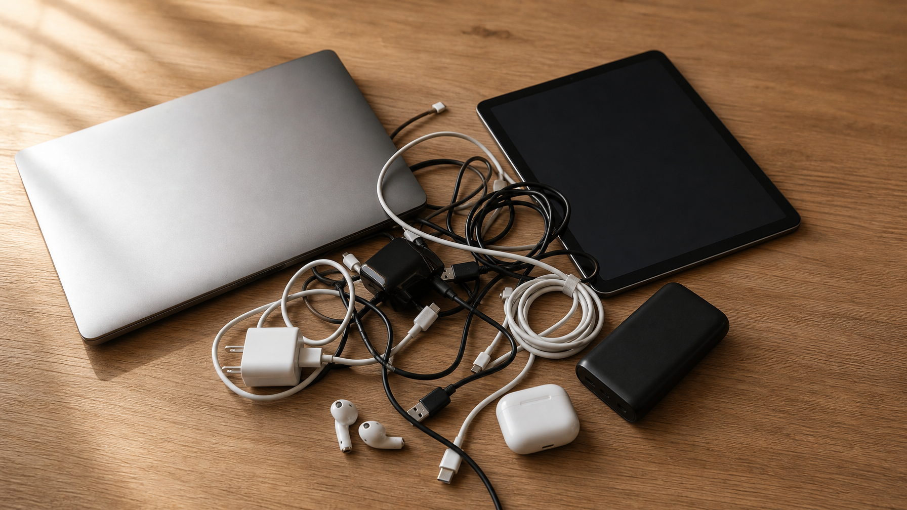 Overhead flat lay of laptop, tablet, tangled chargers, cables, earbuds, and battery pack on a wood desk