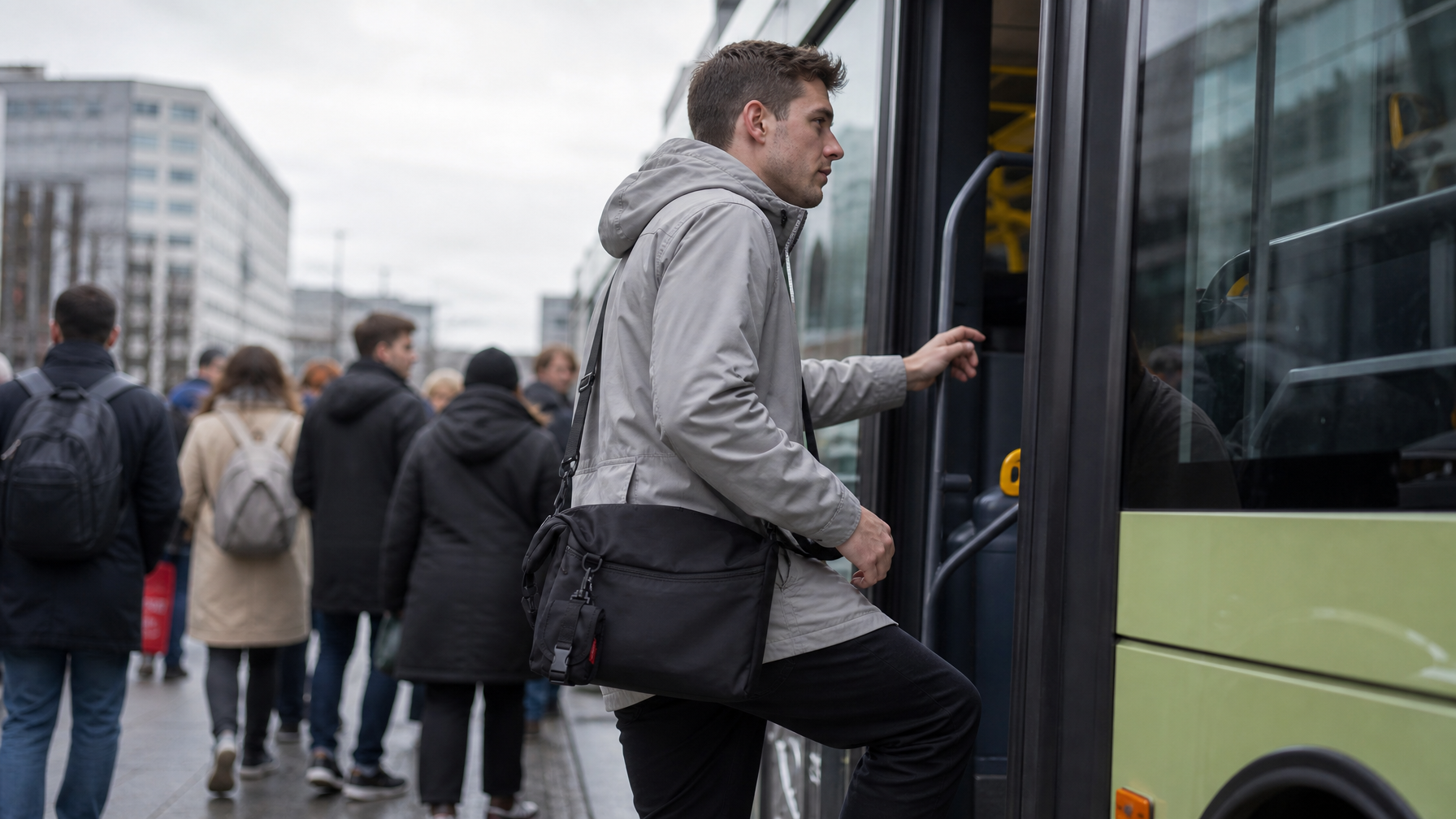 Person boarding a city bus with a slim black crossbody bag worn close at the hip and one hand on the rail