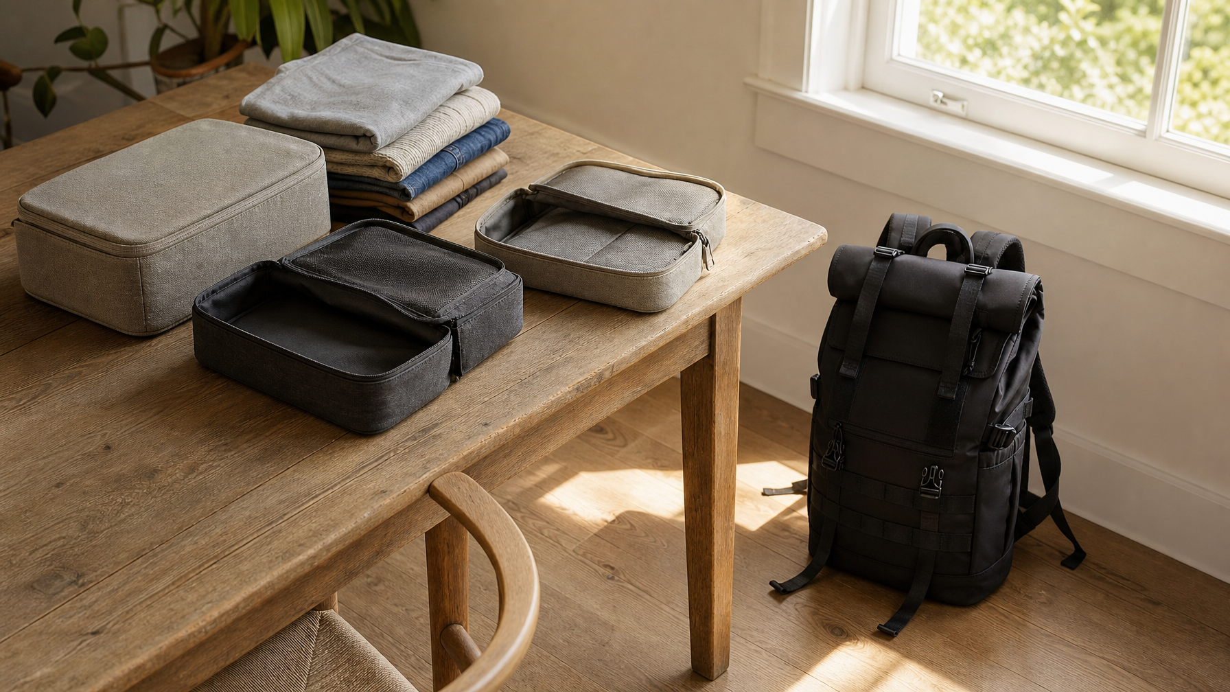 Empty packing cubes and a small stack of folded clothes on a kitchen table beside a closed black expandable backpack