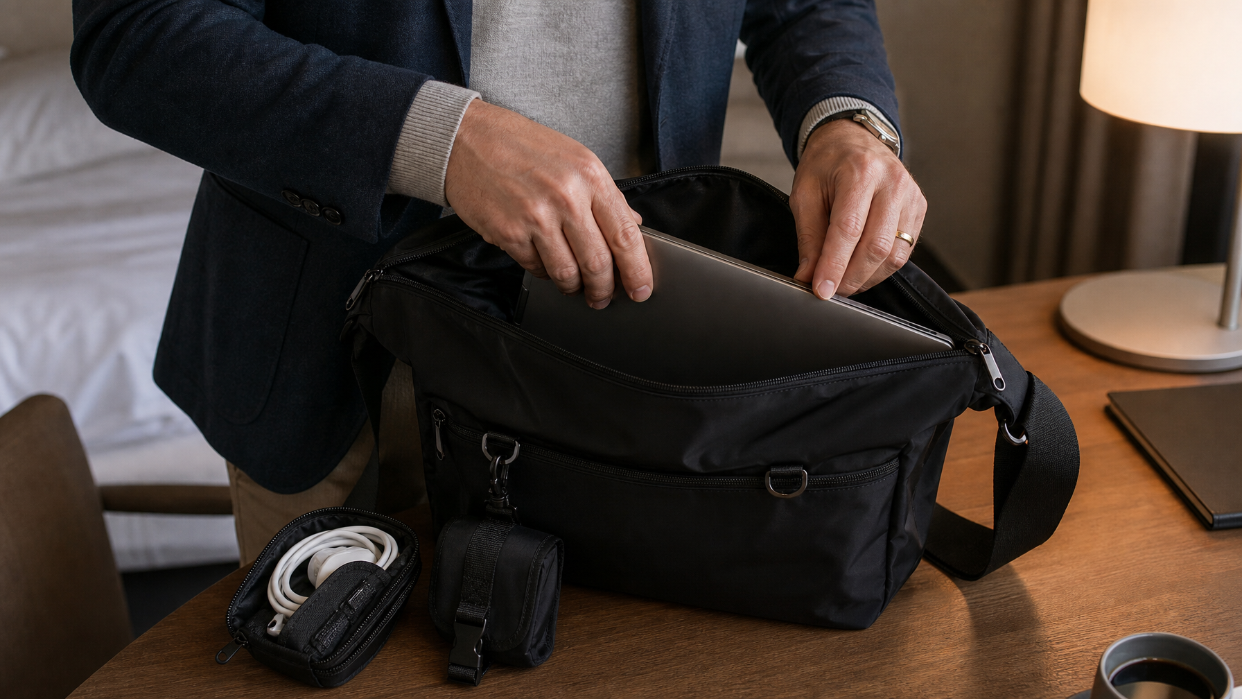 Hands packing a laptop into the main compartment of a black crossbody messenger bag with cables coiled in a pouch nearby