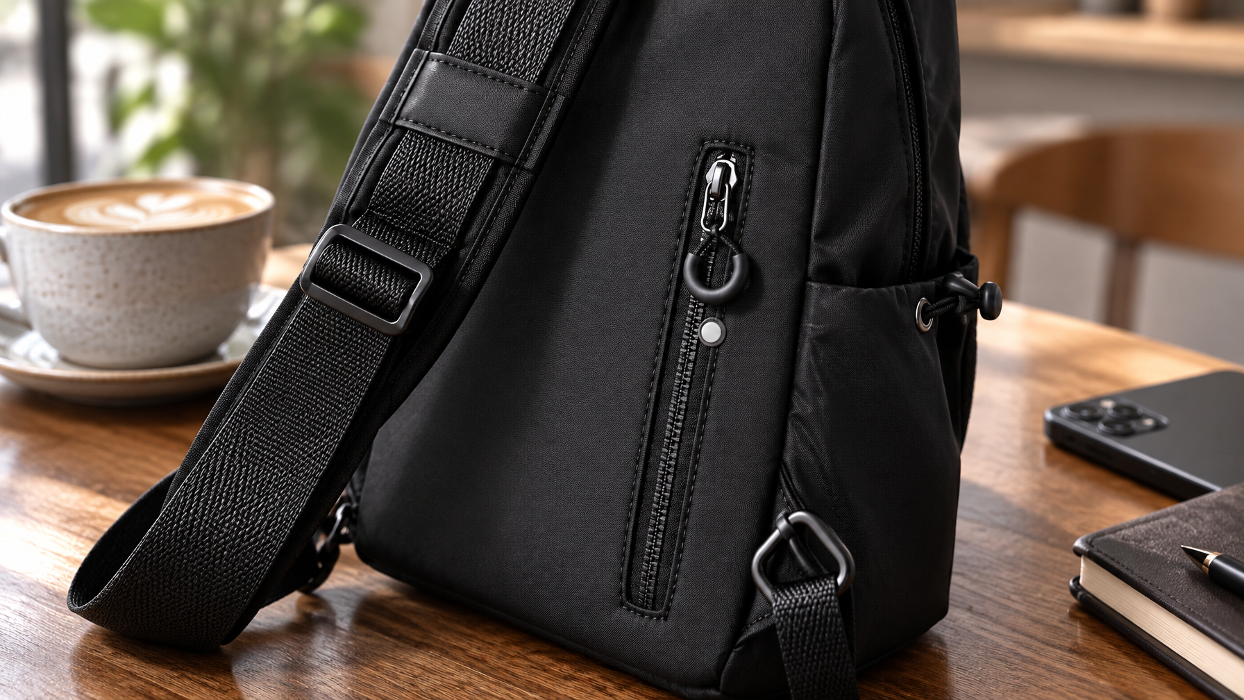 Close view of black sling zipper, padded strap, and exterior pocket on a cafe table