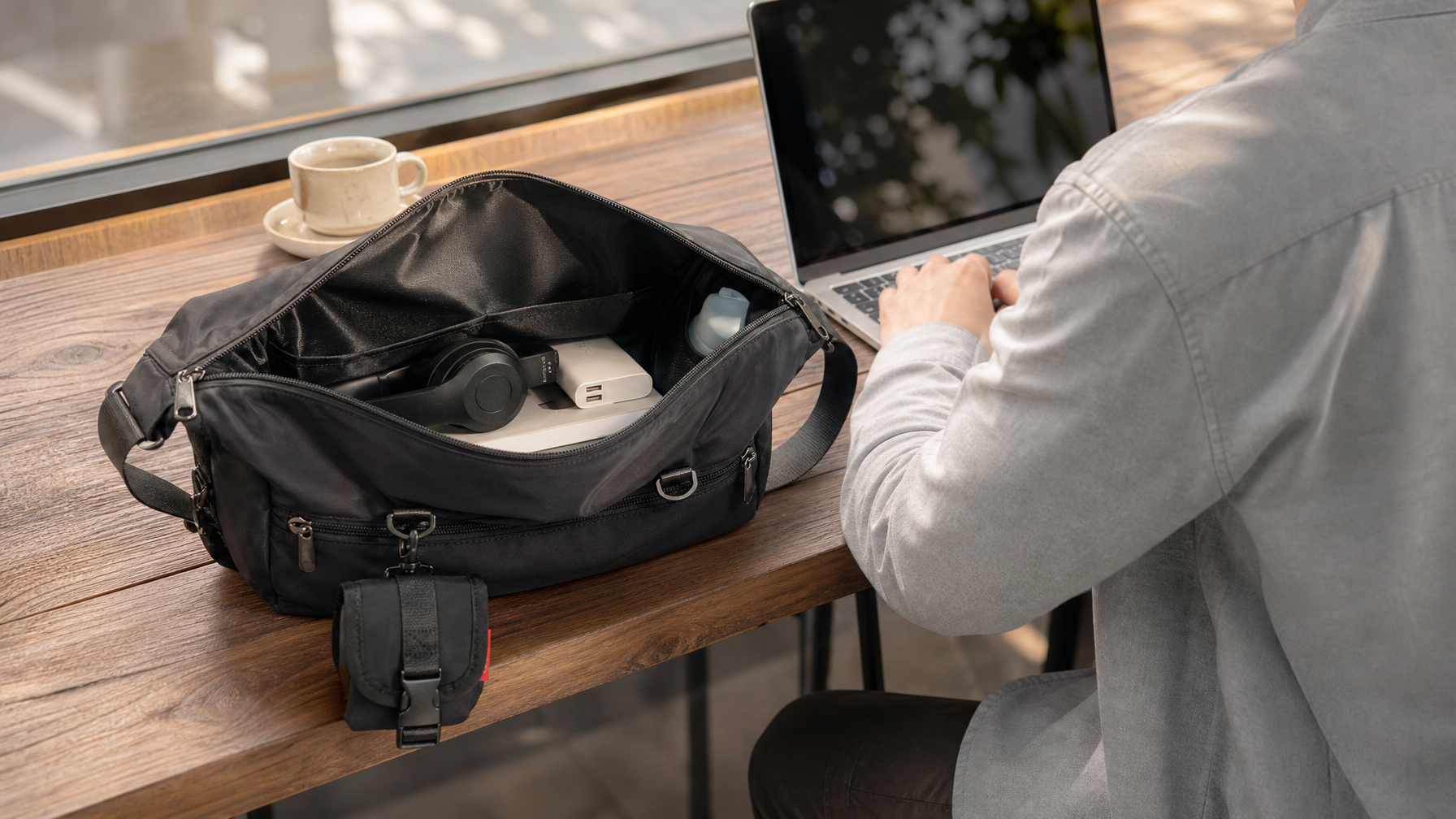 Open black messenger bag beside a laptop on a wooden table during a work stop after a walk