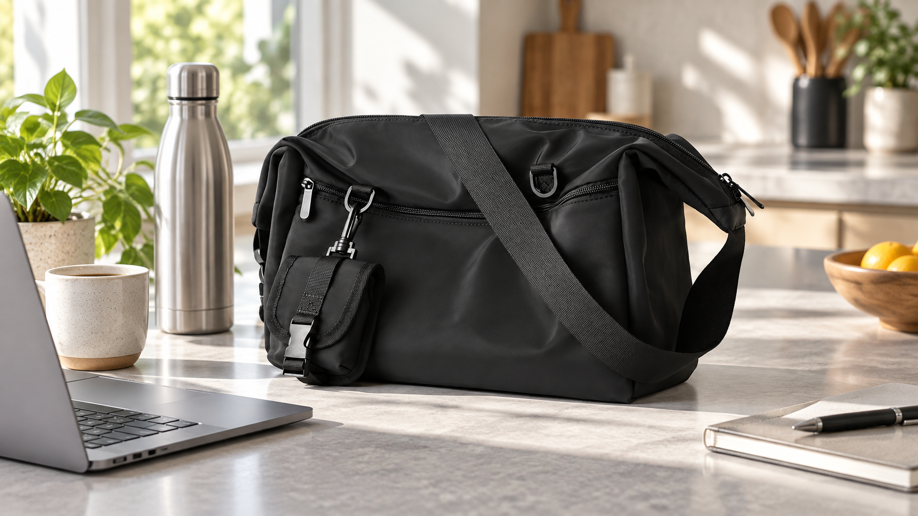 Black top-zip messenger with detachable pouch on a kitchen counter next to a water bottle and laptop